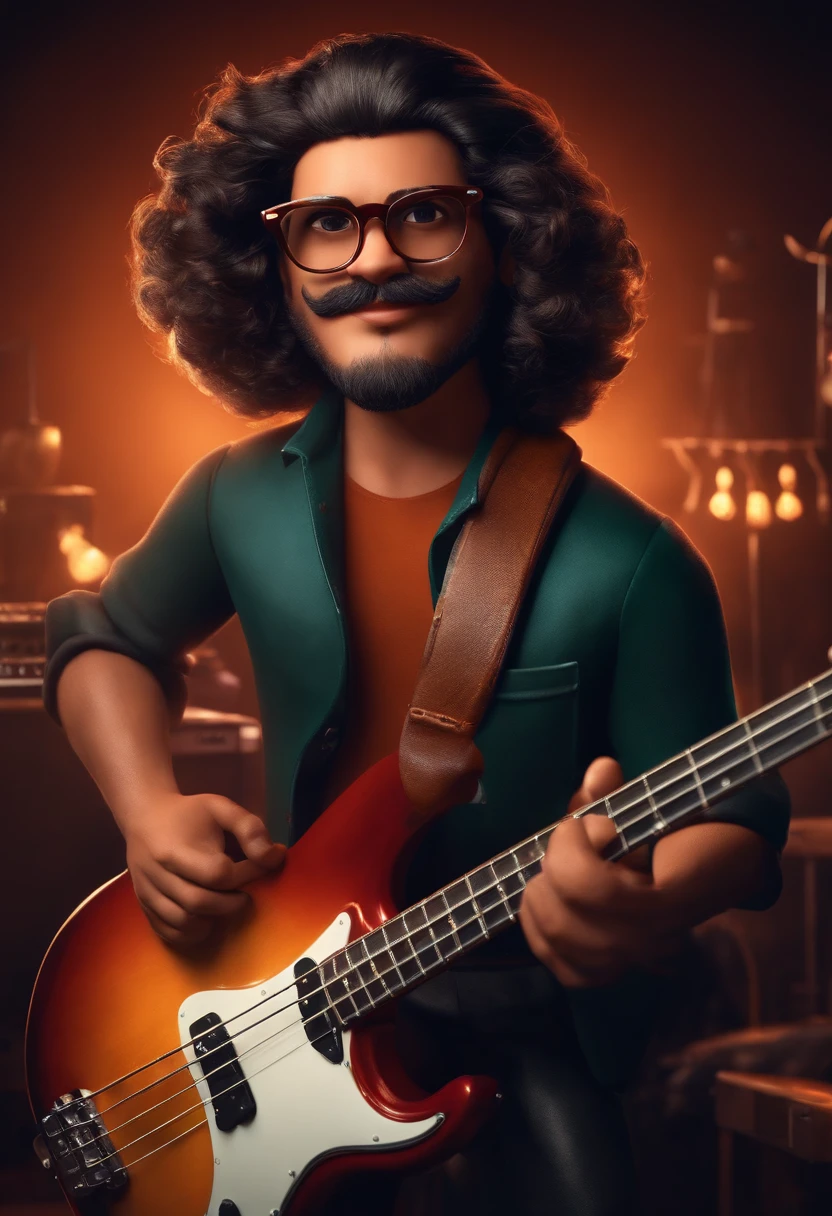 Um homem moreno e gordinho com cabelo raspado, Brown eyes and square glasses playing electric bass in a band, with a stage inspired by Pixar animation, de perto. The captivating facial expression with a touch of unreality.