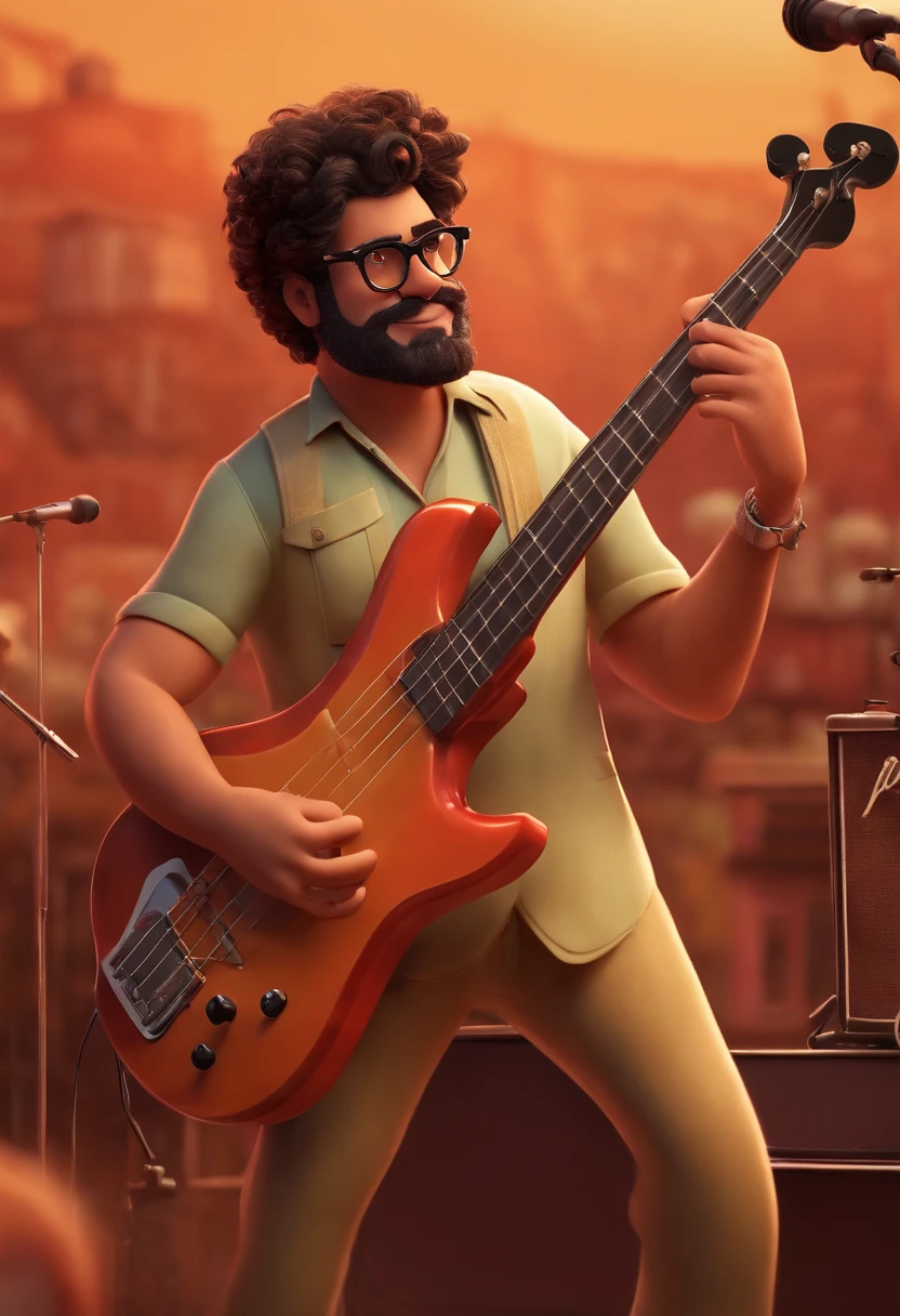 Um homem moreno e gordinho com cabelo raspado, Brown eyes and square glasses playing electric bass in a band, with a stage inspired by Pixar animation, de perto. The captivating facial expression with a touch of unreality.
