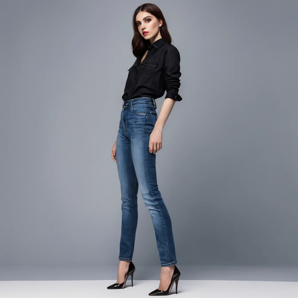 Mi colegiala en jeans y mostrando su ombligo (Vientre) con tacones negros