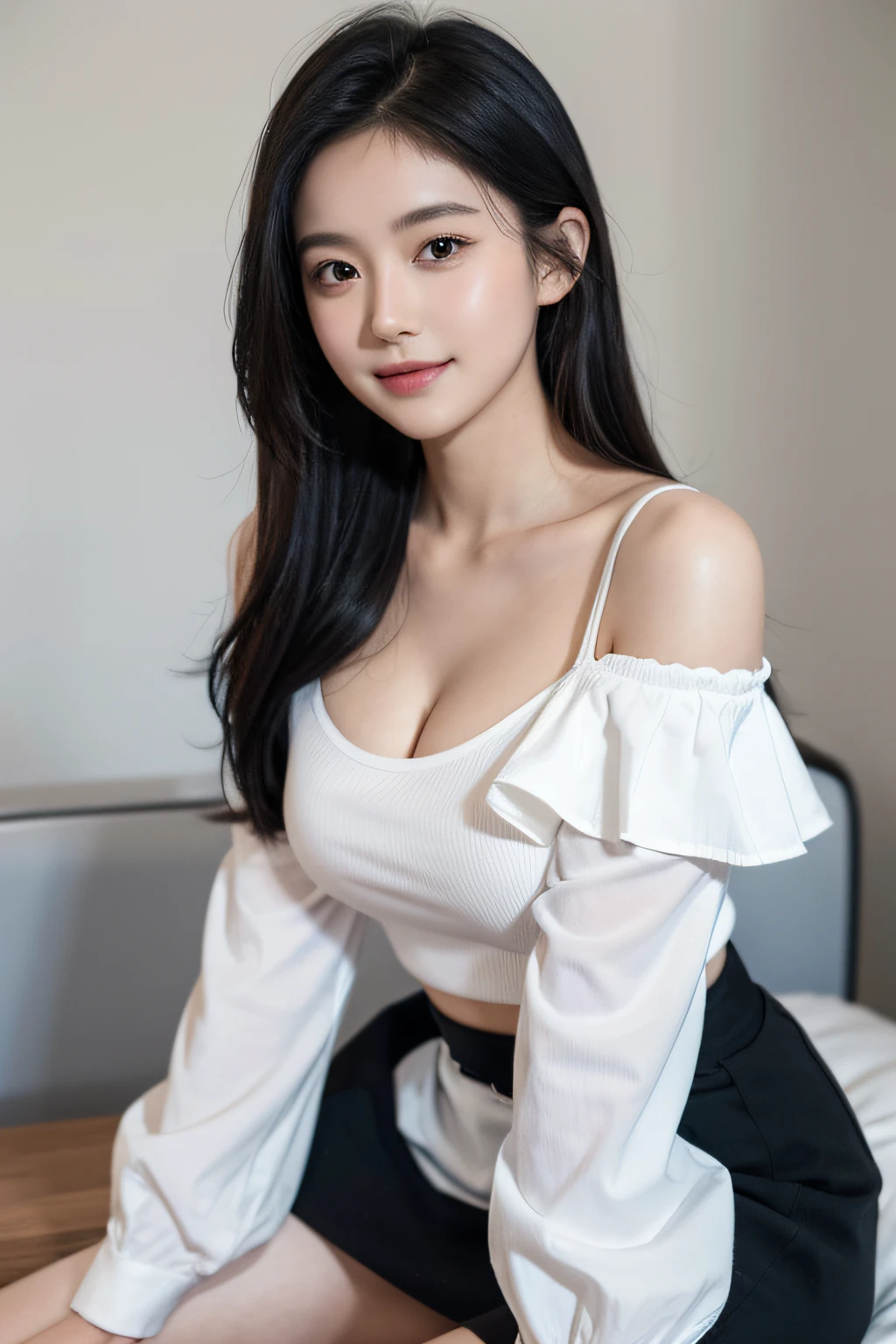 best qualtiy，super high quality，1 girll，Off-shoulder white shirt，Black tight skirt，Black collar，（Faded gray hair, shallow cleavage breasts，looking at viewer，closeup tiny cleavage，8K，a baby face，Sweet smile, high school girl, tri-x, ISO 400 85mm f1.2 lens, fine skin cores
