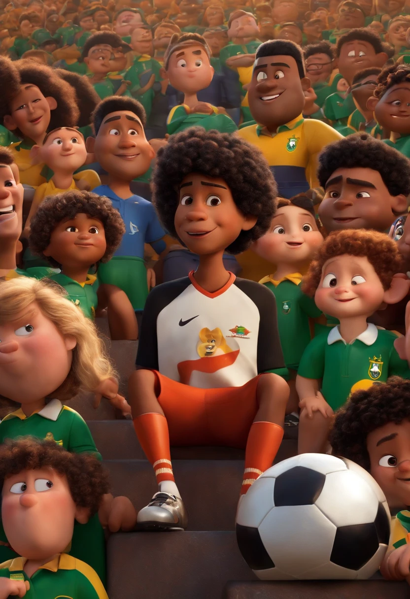 Um filme inspirado na Disney Pixar (MENINo NEGRo JOVEM COM CABELO CACHEADO PRETO) dentro A cena estar na arte distinta do estilo PIXAR, Cool and stylish playing football in a packed stadium with the uniform of the Brazilian national football team