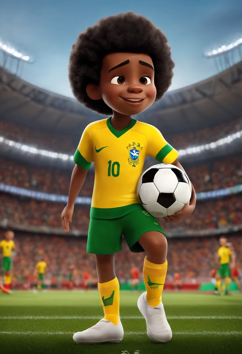 Um filme inspirado na Disney Pixar (MENINo NEGRo JOVEM COM CABELO CACHEADO PRETO) dentro A cena estar na arte distinta do estilo PIXAR, Cool and stylish playing football in a packed stadium with the uniform of the Brazilian national football team