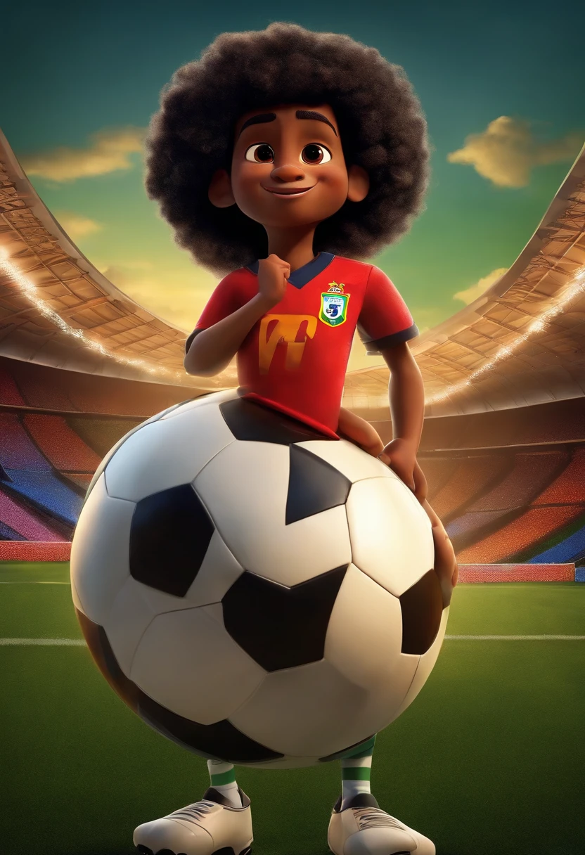 Um filme inspirado na Disney Pixar ( NEGRo JOVEM COM CABELO CACHEADO PRETO) dentro A cena estar na arte distinta do estilo PIXAR, Cool and stylish playing football in a packed stadium with the uniform of the Brazilian national football team