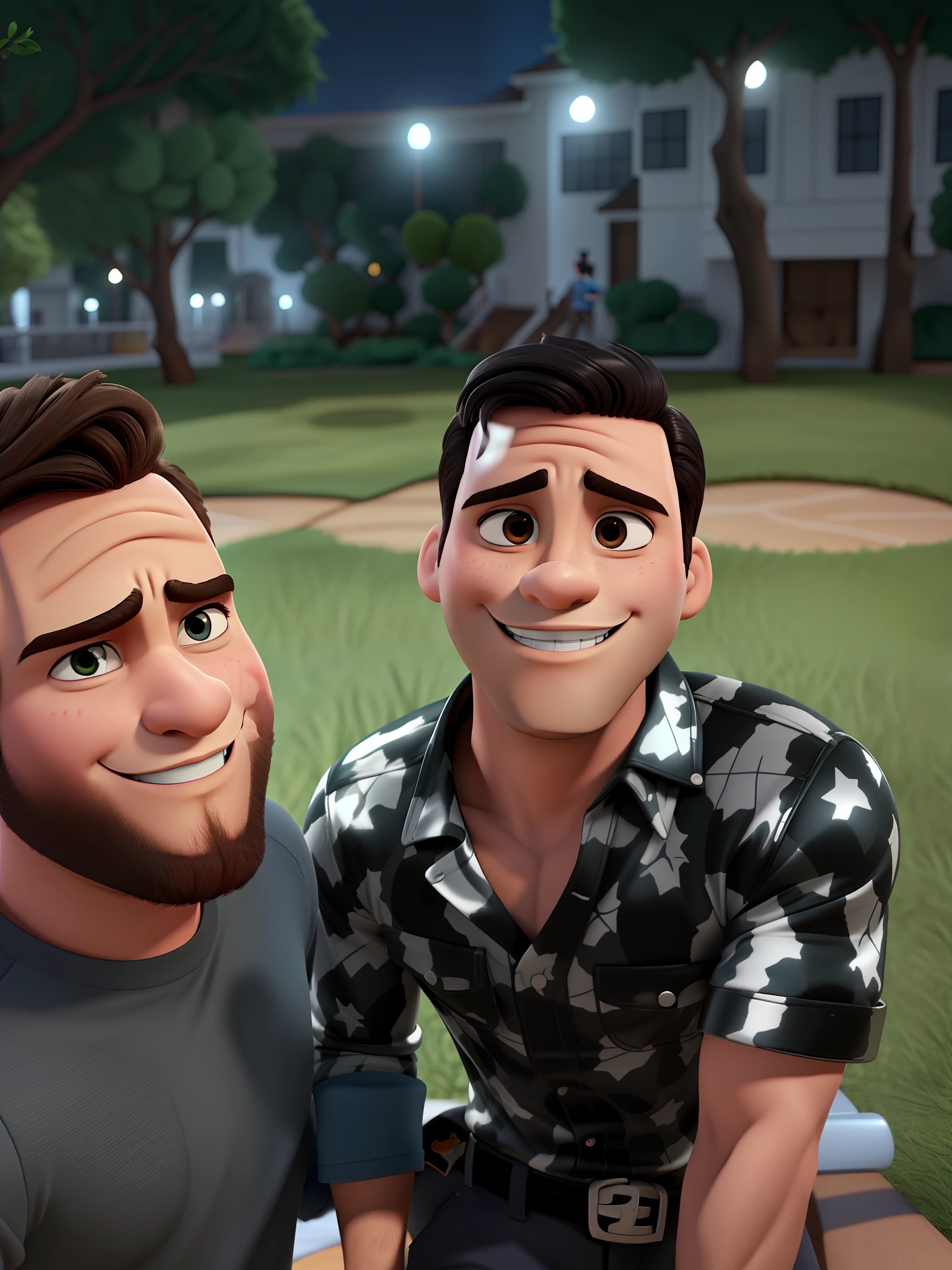 Casal gay (homem branco e homem preto) no estilo Disney Pixar, alta qualidade, melhor qualidade.