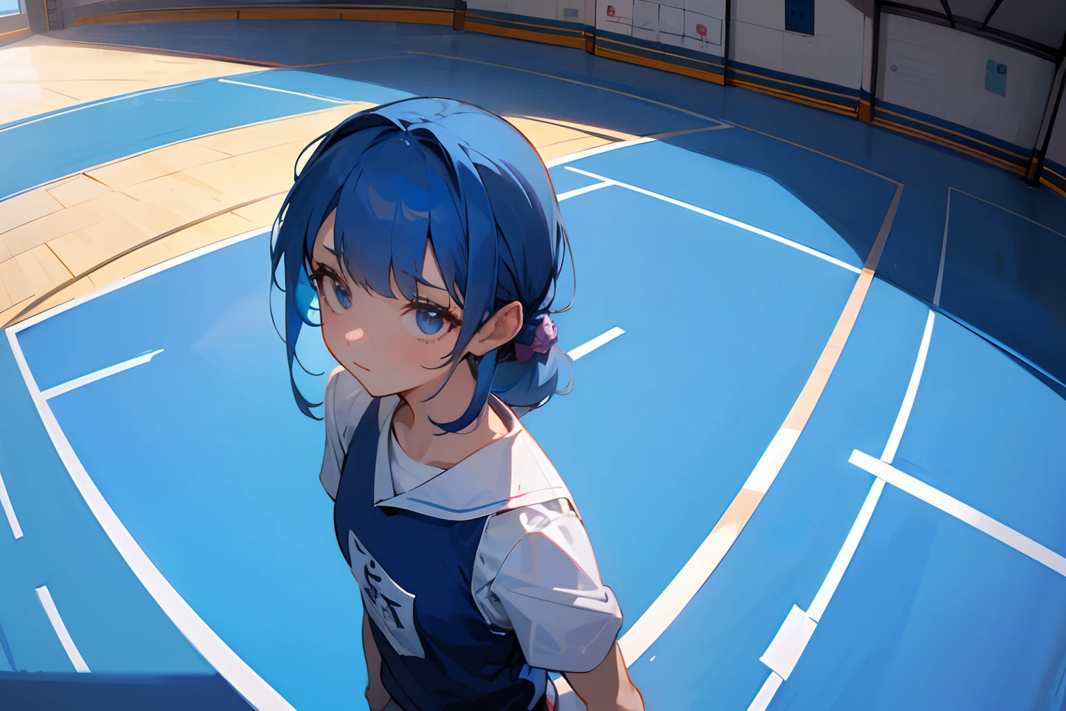blue rose girl, rose on hair, hair accessories, adult, teacher, pe teacher, pe, gym clothes, blue hair, hd, ultra quality, pleasant face, wide angle, long shot, looking away, detailed eyes, gymnasium, basketball court.
