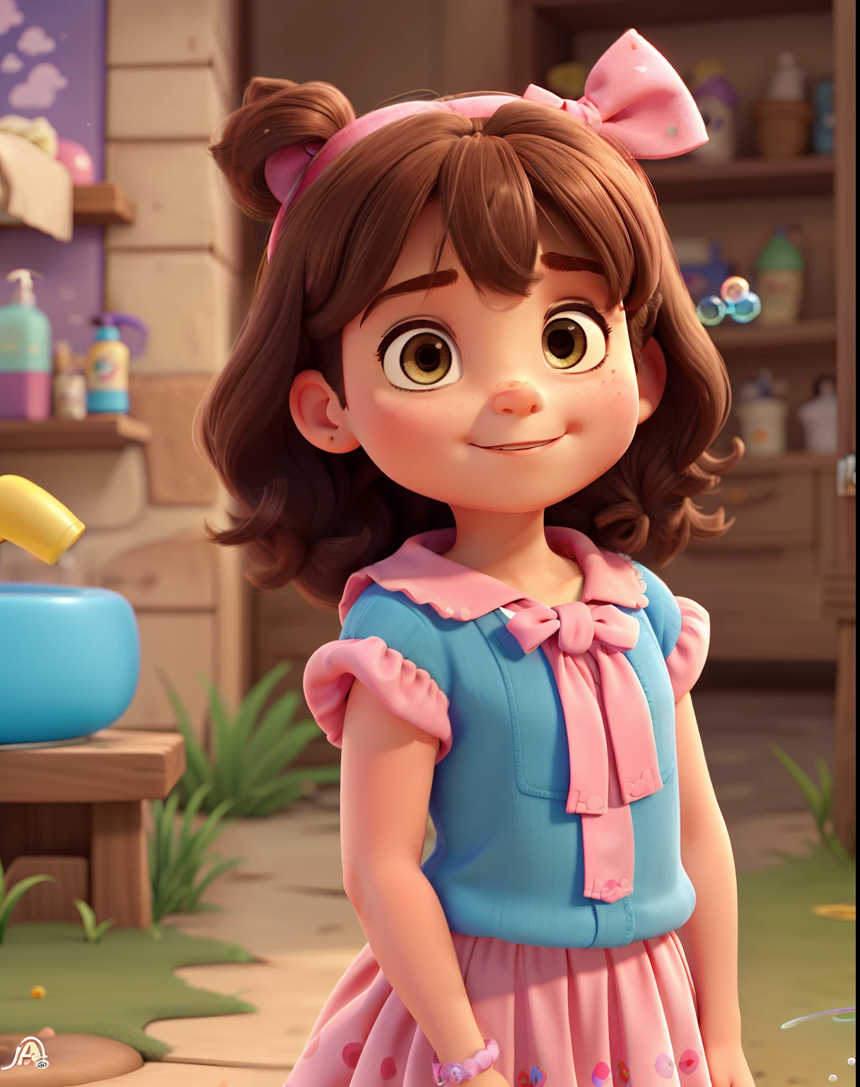 Disney Pixar-style poster of a little girl with brown eyes, cabelo ondulado, with bangs and a pink bow on her head, Blowing soap bubbles on a humid day. pele branca, usando um vestido rosa. In the background we see an ecological park