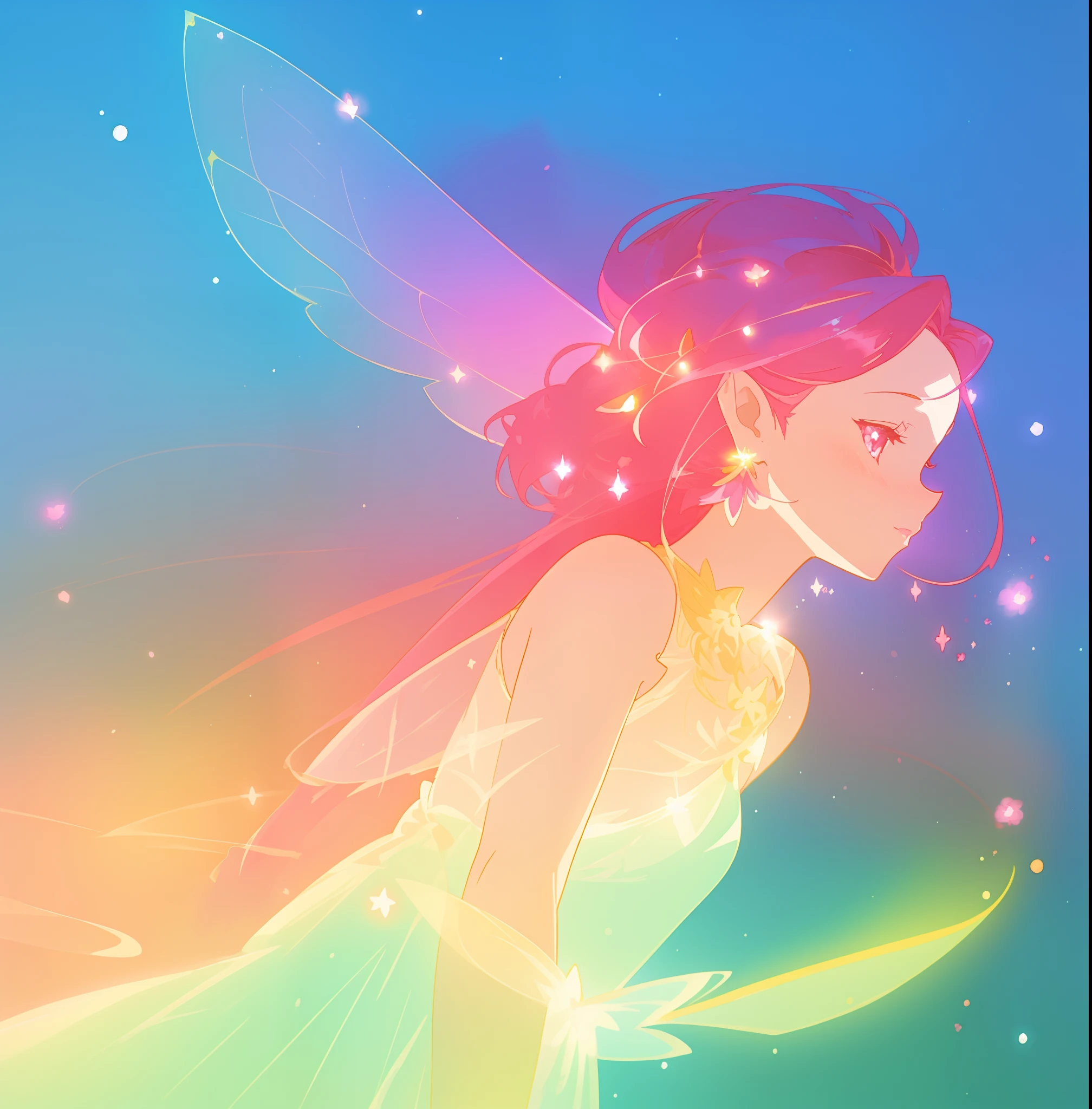 beautiful fairy girl in sparkling dress, glowing ballgown, long red pink hair, colorful fantasia background, fairy wings watercolor illustration, disney art style, glowing aura around her, glowing lights, beautiful digital illustration, fantasia otherworldly landscape plants flowers, beautiful, masterpiece, best quality, anime disney style