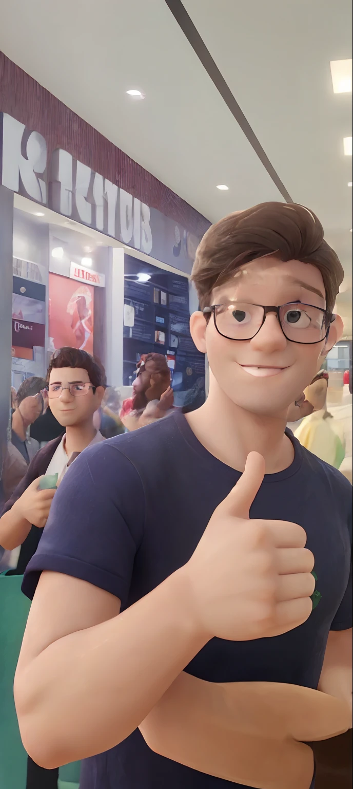 There's a man with glasses giving his thumbs up, mateus 9 5, Directed by: Nandor Soldier, caio santos, em um shopping, em um shopping, Meninas Hasan, imagem de qualidade muito baixa, Aykut Aydogdu, youtuber, Alex, Fotografia selfie 8k, Looking at camera!!!, aparecer em um shopping center