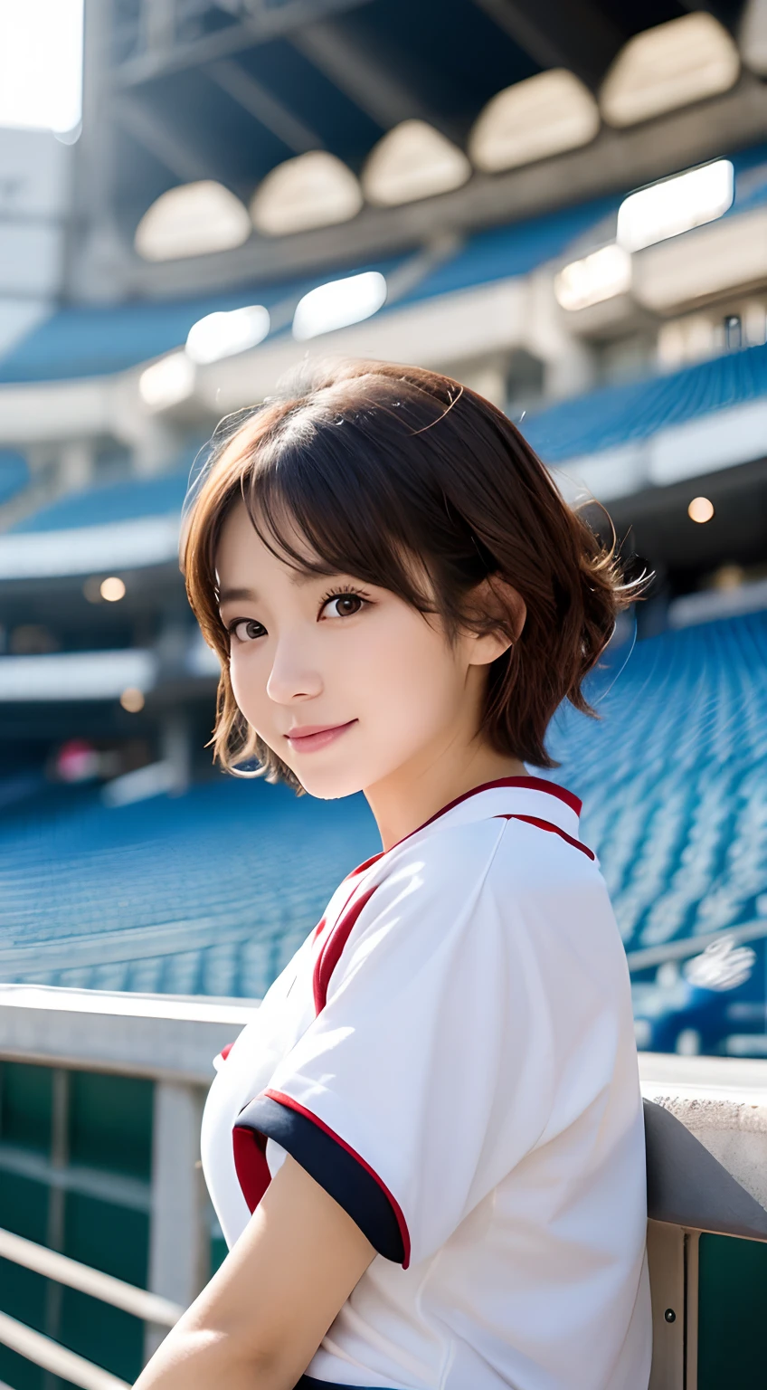 (top-quality,8K picture quality,​masterpiece:1.3,),(超A high resolution:1.3,Photorealsitic:1.4,Raw photography:1.2),(ultra-detailliert:1.2,shinny skin,Detailed skin:1.1),(Detailed face,Perfect Anatomy,Caustics:1.2),(Girls cheering at the stadium:1.2),(Stand seats:1.1),(Sideways face:1.2),(Shot from the side:1.2),(Don't look at the camera:1.2),composition from the waist up,kawaii,japanes,22year old,Japanese ido,Natural brown hair,Curl short hair outward,Pretty eyes,natural make up,delighted expression,Open your mouth slightly,large boob,Oversized Baseball Uniform Shirt,White skirt,Professional Lighting,natural soft light,
