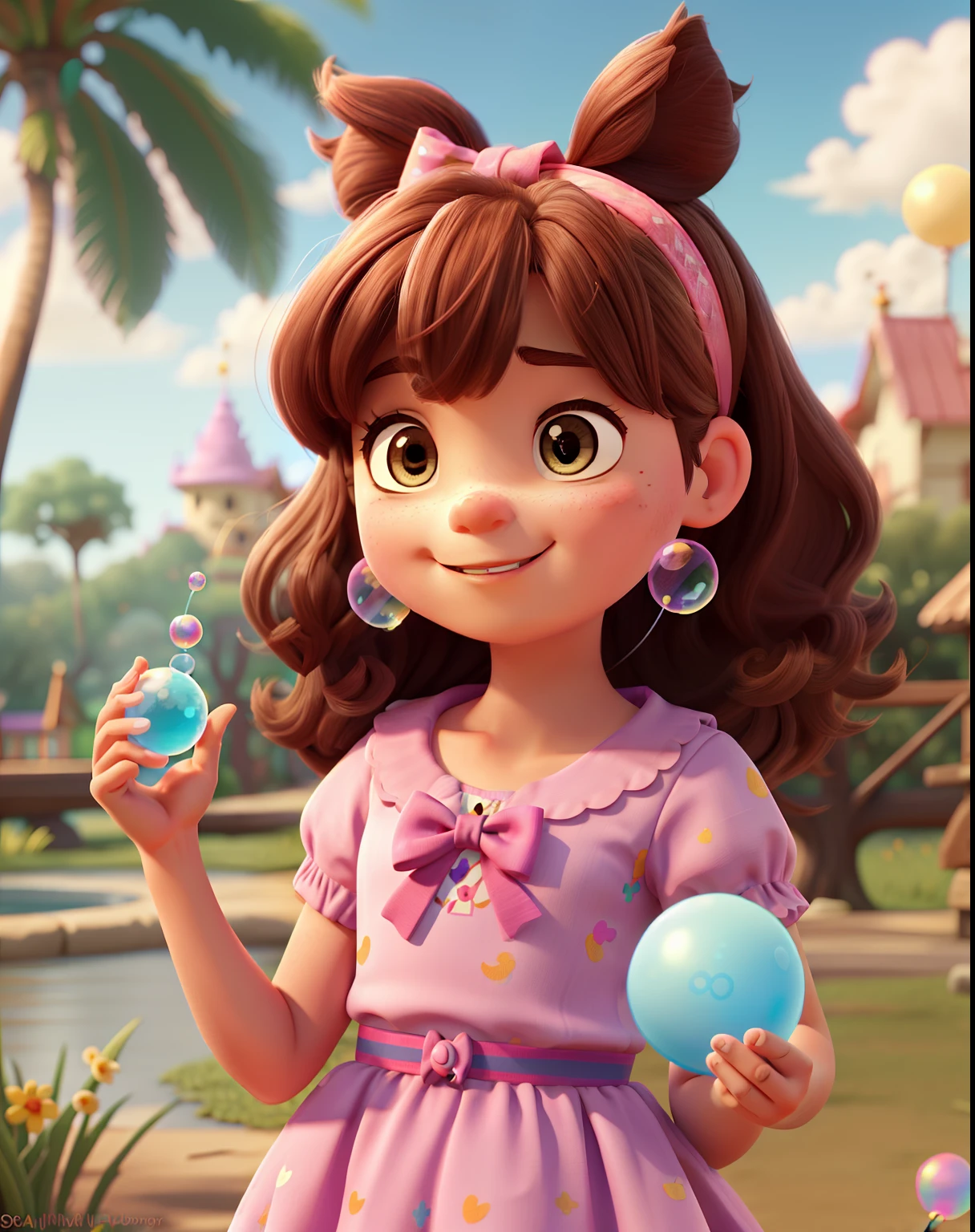 Disney Pixar-style poster of a little girl with brown eyes, cabelo ondulado, with bangs and a pink bow on her head, Blowing soap bubbles on a humid day. pele branca, Wearing a unicorn dress. In the background we see an ecological park