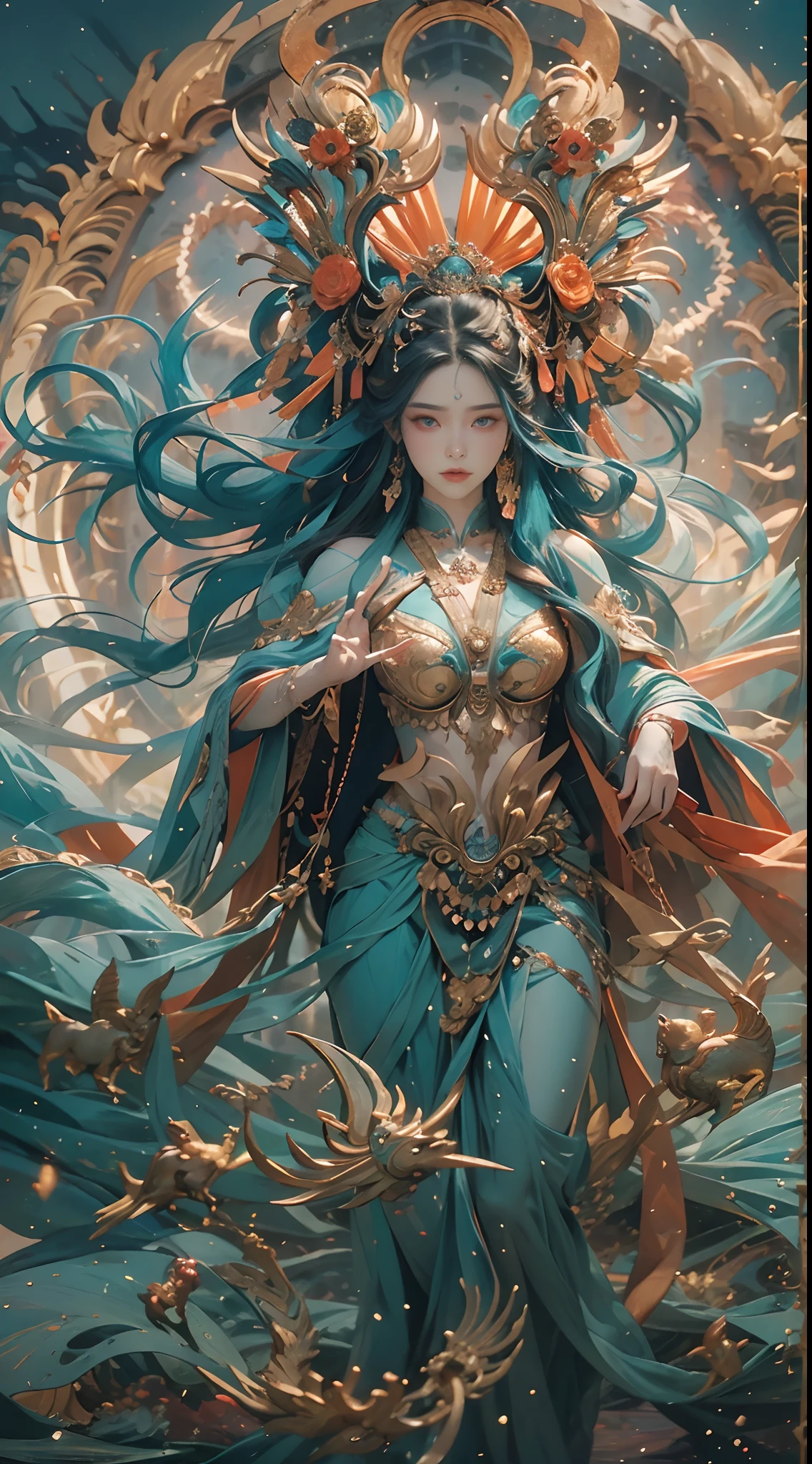Depict an ancient goddess of creation,Nuwa is the creation goddess in Chinese mythology。It is a great goddess image handed down from the matriarchal clan period of primitive society。Deep background,absurderes,Fantastic and incredible,Epic composition,(Complicated details,Hyper-detailing:1.2),Ultra photo realsisim, epic realistic, ((com cores neutras)),(pastel colour:1.2), Hyper-realistic, + cinema shot + Dynamic composition, Incredibly detailed, Sharpen, Cinematic, warm lights, Light effect, Dramaticlight, (Intricate details:1.1), the complex background, (greg rutkovsky:0.8), (Teal and orange:0.3)Epic, Detailed face, Detailed eyes,fully body photo,Fly in the sky,
