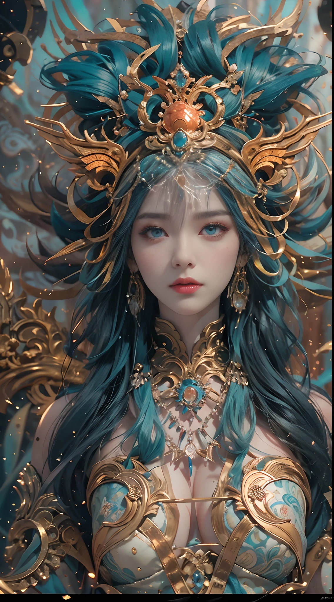 Depict an ancient goddess of creation,Nuwa is the creation goddess in Chinese mythology。It is a great goddess image handed down from the matriarchal clan period of primitive society。Deep background,absurderes,Fantastic and incredible,Epic composition,(Complicated details,Hyper-detailing:1.2),Ultra photo realsisim, epic realistic, ((com cores neutras)),(pastel colour:1.2), Hyper-realistic, + cinema shot + Dynamic composition, Incredibly detailed, Sharpen, Cinematic, warm lights, Light effect, Dramaticlight, (Intricate details:1.1), the complex background, (greg rutkovsky:0.8), (Teal and orange:0.3)Epic, Detailed face, Detailed eyes,fully body photo,Fly in the sky,