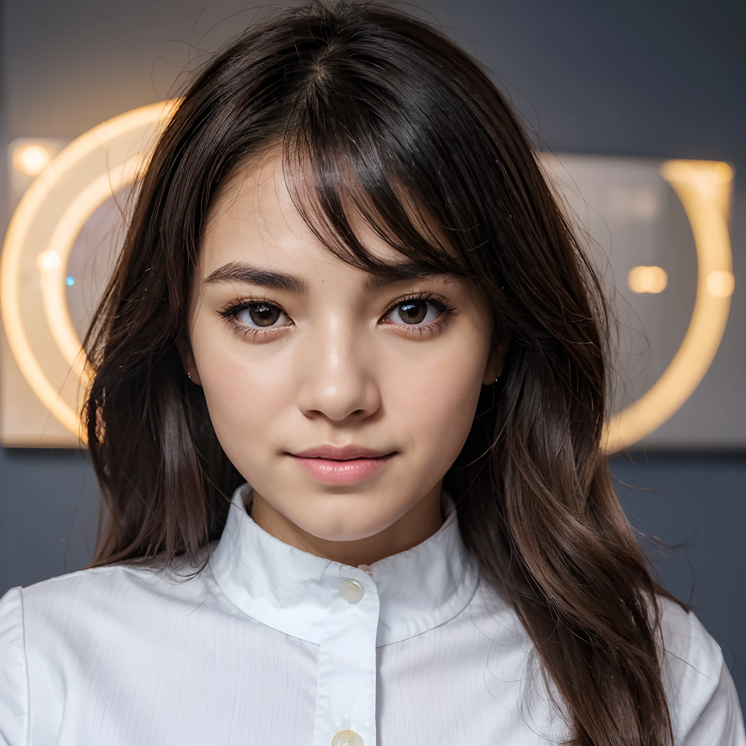beautiful Japan woman, Nice perfect face with soft skin, small face with pink nose and lips, Olhos bonitos, sorriso bonito. preto, Fine, long, beautiful hair bathed in a bright etheric glow. Gradient Enhancement Greige Layer Fluffy Medium Fluffy Medium Hairstyle, Navy Band Collar Shirt× Flared Yellow Skirt Houndstooth, fundo colorido brilhante do neon, foto super realista da mulher, High quality high resolution 8K masterpiece