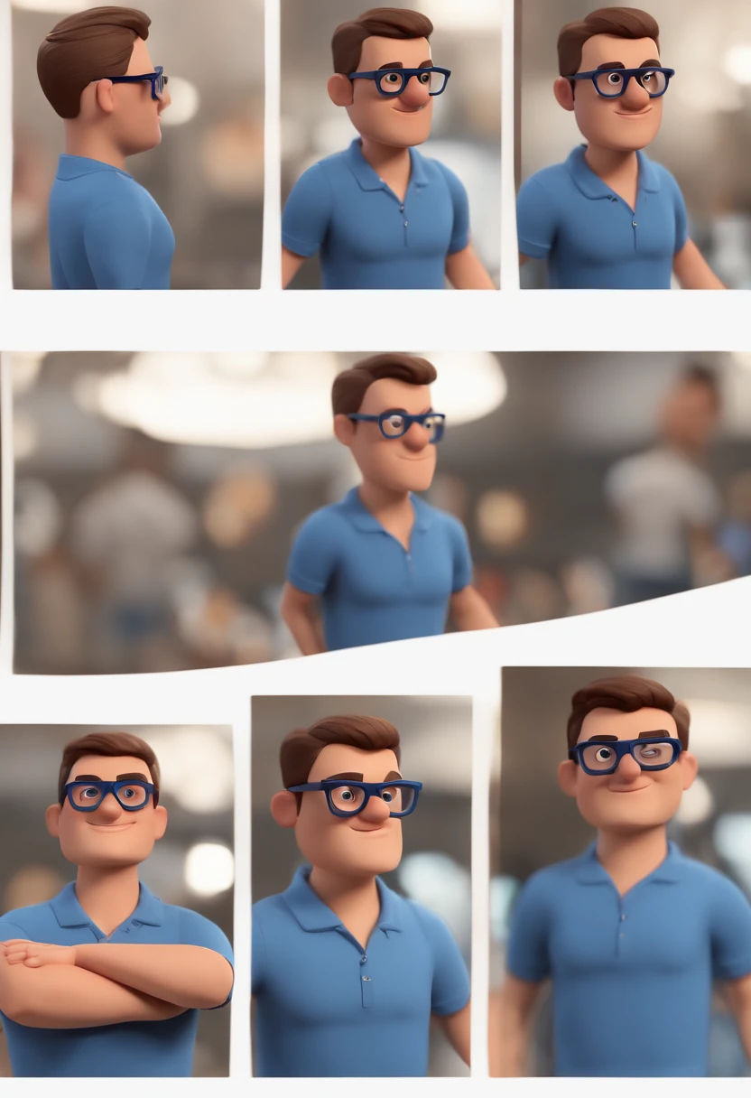 Cartoon character of a man wearing black glasses and a blue shirt, um personagem animado, Caractere estilizado, animation style rendering, 3D estilizado, Arnold Maya render, 3 d render stylized, toon render keyshot, Personagem 3D, Personagem 3D, 3d rendering stylized, 3 d character render, personagem de desenho animado, Personagem de close up, Pose de personagem, (Estilo Pixar) (master part:1.2) (Bokeh) (best quality) (pele detalhada) (textura detalhada) (8k) (argila) (Cinematic lighting) (foco nítido，Senta e vaza a parte superior do corpo