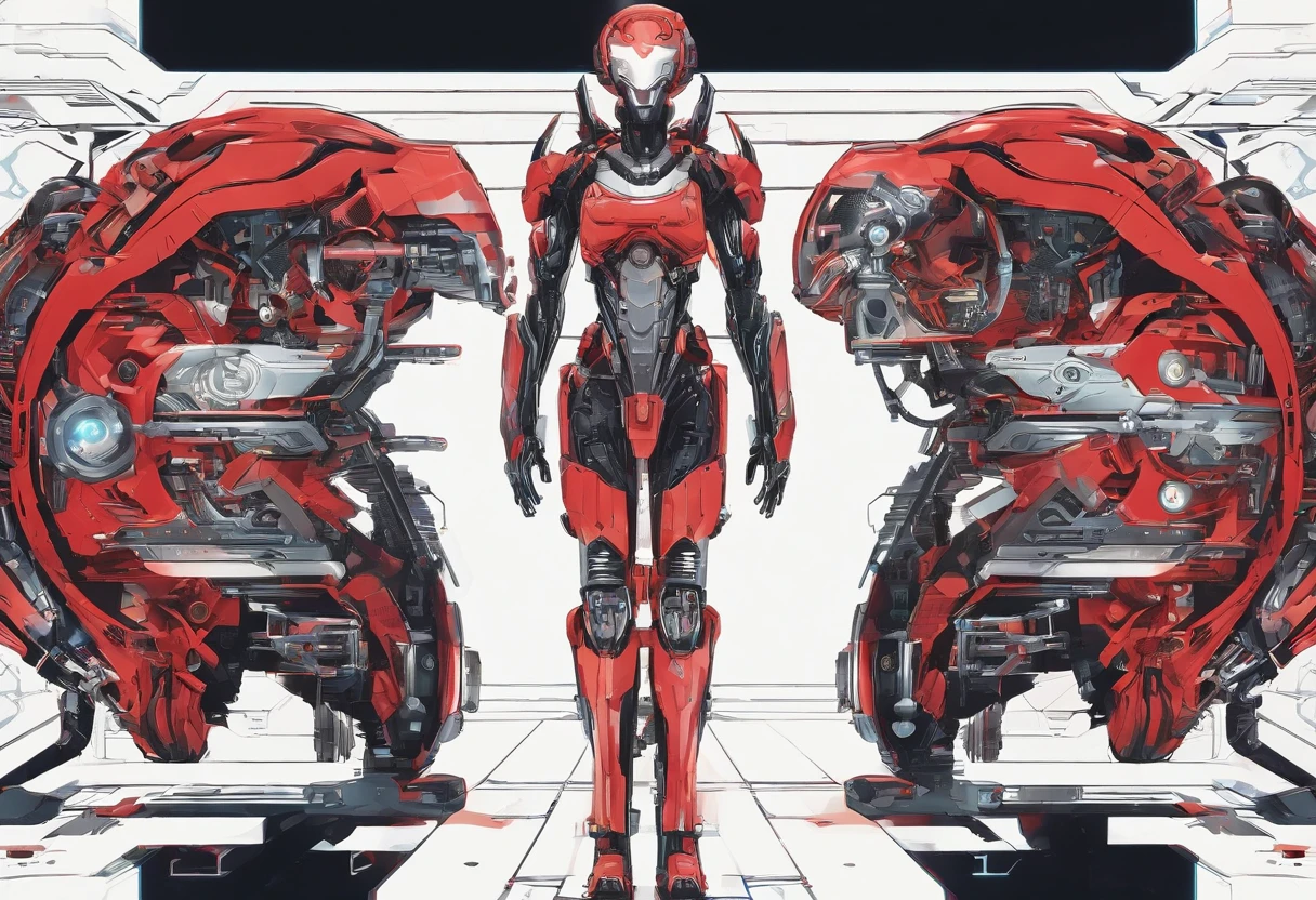 (Mechanical Warrior: 1.2), Cyberpunk, Close-up, Front view, Symmetrical left-right composition, (Red is the dominant color: 0.7),