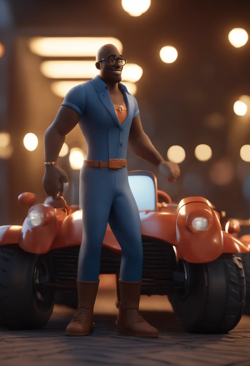 Cartoon character of a bald black man with black glasses and a blue shirt, animation character, Caractere estilizado, animation style rendering, 3D estilizado, Arnold Maya render, 3 d render stylized, toon render keyshot, Personagem 3D, Personagem 3D, 3d rendering stylized, 3 d character render, personagem de desenho animado, Personagem de close up, Pose de personagem, (Estilo Pixar) (master part:1.2) (Bokeh) (best quality) (pele detalhada) (textura detalhada) (8k) (argila) (Cinematic lighting) (foco nítido