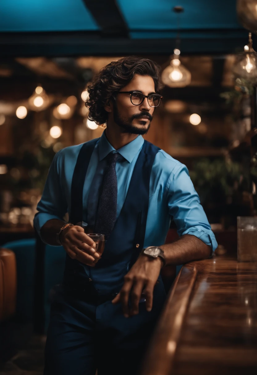 Man with blue frame glasses, cabelo ondulado marrom escuro e uma camisa azul manga longa descendo as escadas do restaurante