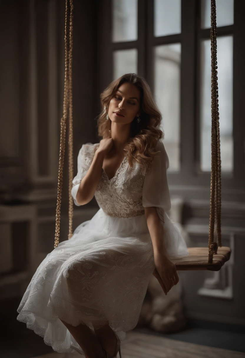 Close-up of a well-dressed woman sitting on a swing. The black swing made of fabric with stone embroidery. Neutral, refined environment, with white walls, with boiserie. Ambient lighting is low, with greater focus of light on the woman. Cinematic, Photoshoot, Shot on 25mm lens, Depth of Field, Tilt Blur, Shutter Speed 1/1000, F/22, White Balance, 32k, Super-Resolution, Pro Photo RGB, Half rear Lighting, Backlight, Dramatic Lighting, Incandescent, Soft Lighting, Volumetric, Conte-Jour, Global Illumination, Screen Space Global Illumination, Scattering, Shadows, Rough, Shimmering, Lumen Reflections, Screen Space Reflections, Diffraction Grading, Chromatic Aberration, GB Displacement, Scan Lines, Ambient Occlusion, Anti-Aliasing, FKAA, TXAA, RTX, SSAO, OpenGL-Shader’s, Post Processing, Post-Production, Cell Shading, Tone Mapping, CGI, VFX, SFX, insanely detailed and intricate, hyper maximalist, elegant, dynamic pose, photography, volumetric, ultra-detailed, intricate details, super detailed, ambient –uplight –v 4 –q 2