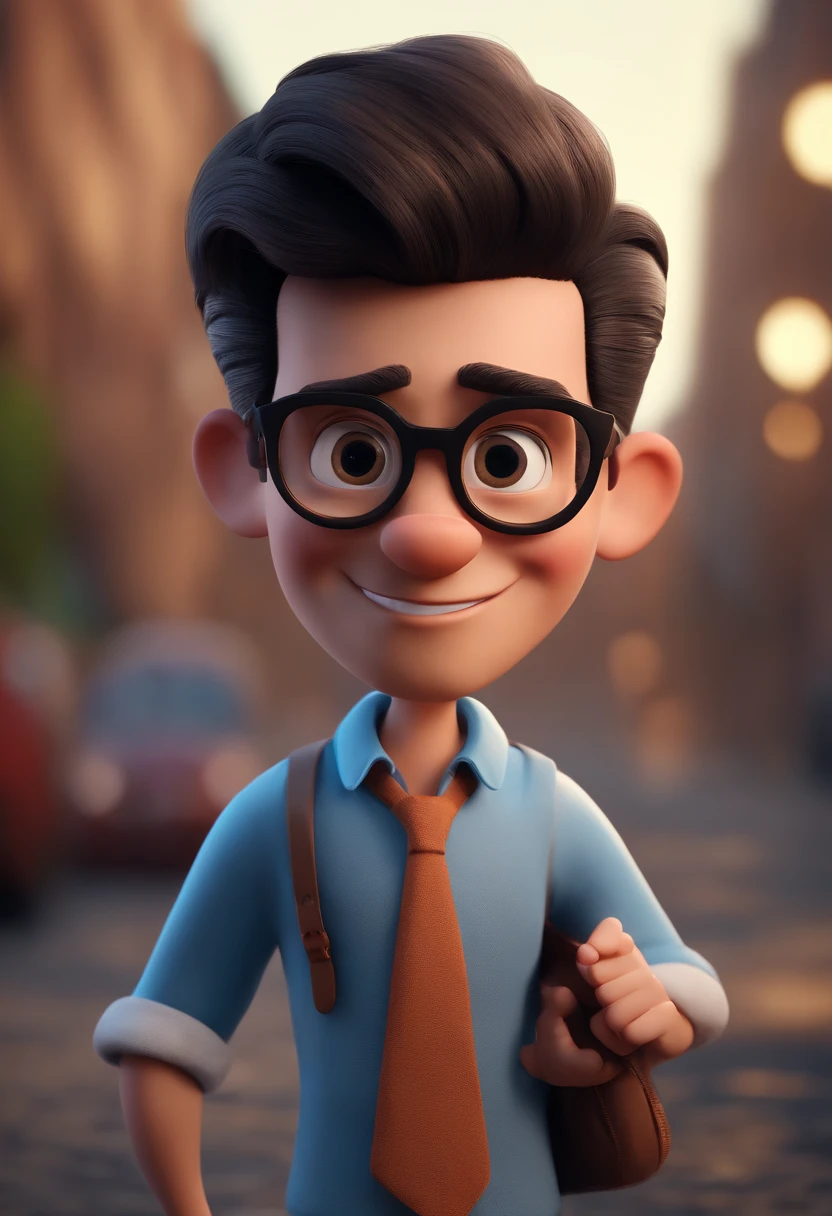 Cartoon character of a man with black glasses and a blue shirt, animation character, Caractere estilizado, animation style rendering, 3D estilizado, Arnold Maya render, 3 d render stylized, toon render keyshot, Personagem 3D, Personagem 3D, 3d rendering stylized, 3 d character render, personagem de desenho animado, Personagem de close up, Pose de personagem, (Estilo Pixar) (master part:1.2) (Bokeh) (best quality) (pele detalhada) (textura detalhada) (8k) (argila) (Cinematic lighting) (foco nítido