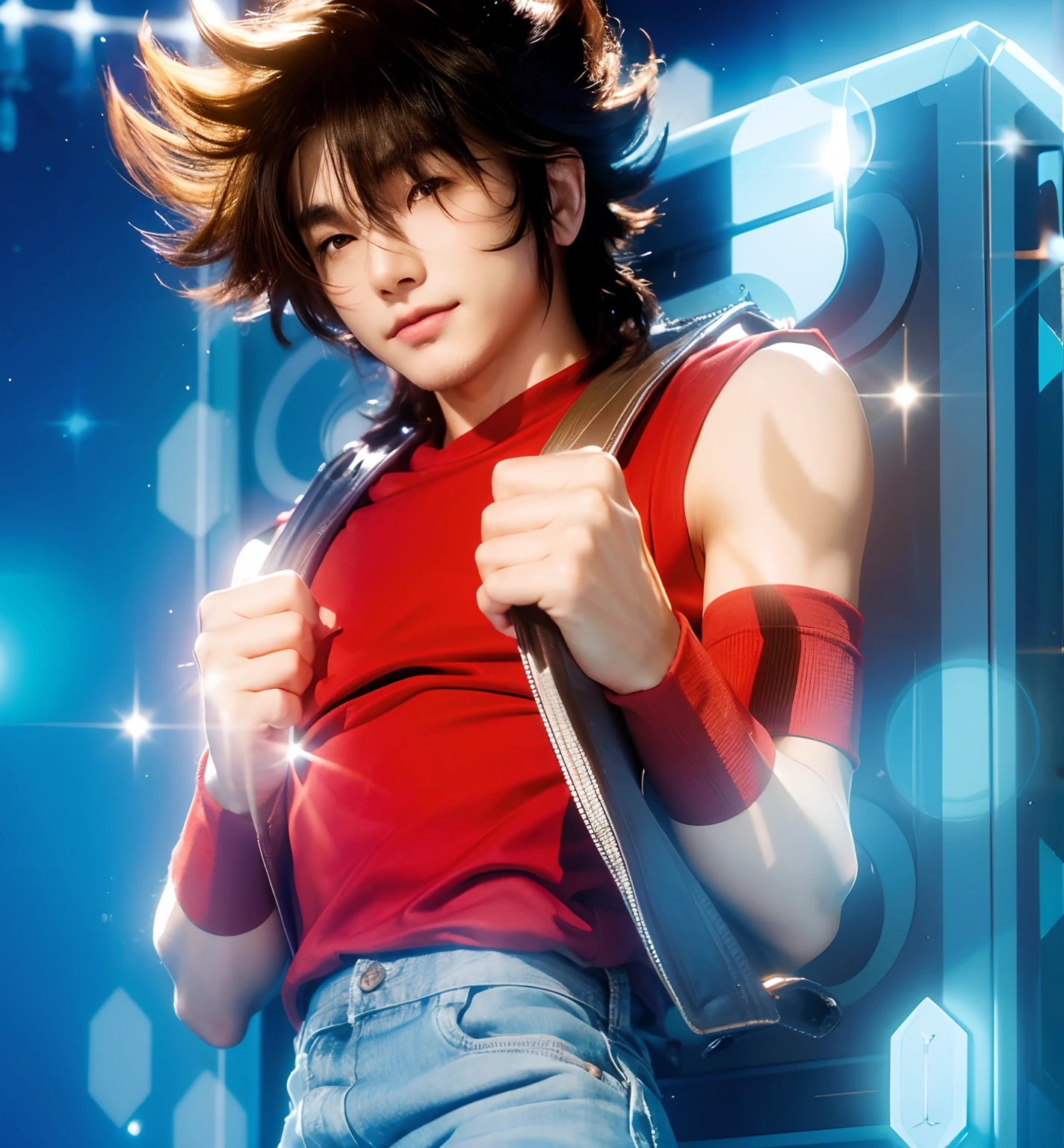 (masterpiece), (realistic) , close up port hair of a man, (male), 20 years old, asian (1boy), solo, slightly side view, pretty handsome man, ((pretty big brown eyes)), slightly smile, wearing, short brown hair, (bangs), hair blowing in the air, upper body, red regatta, bands on arms, light blue jeans, holding handles, metallic box at back, looking the viewer, cinematic lighting, ((beardless)).
