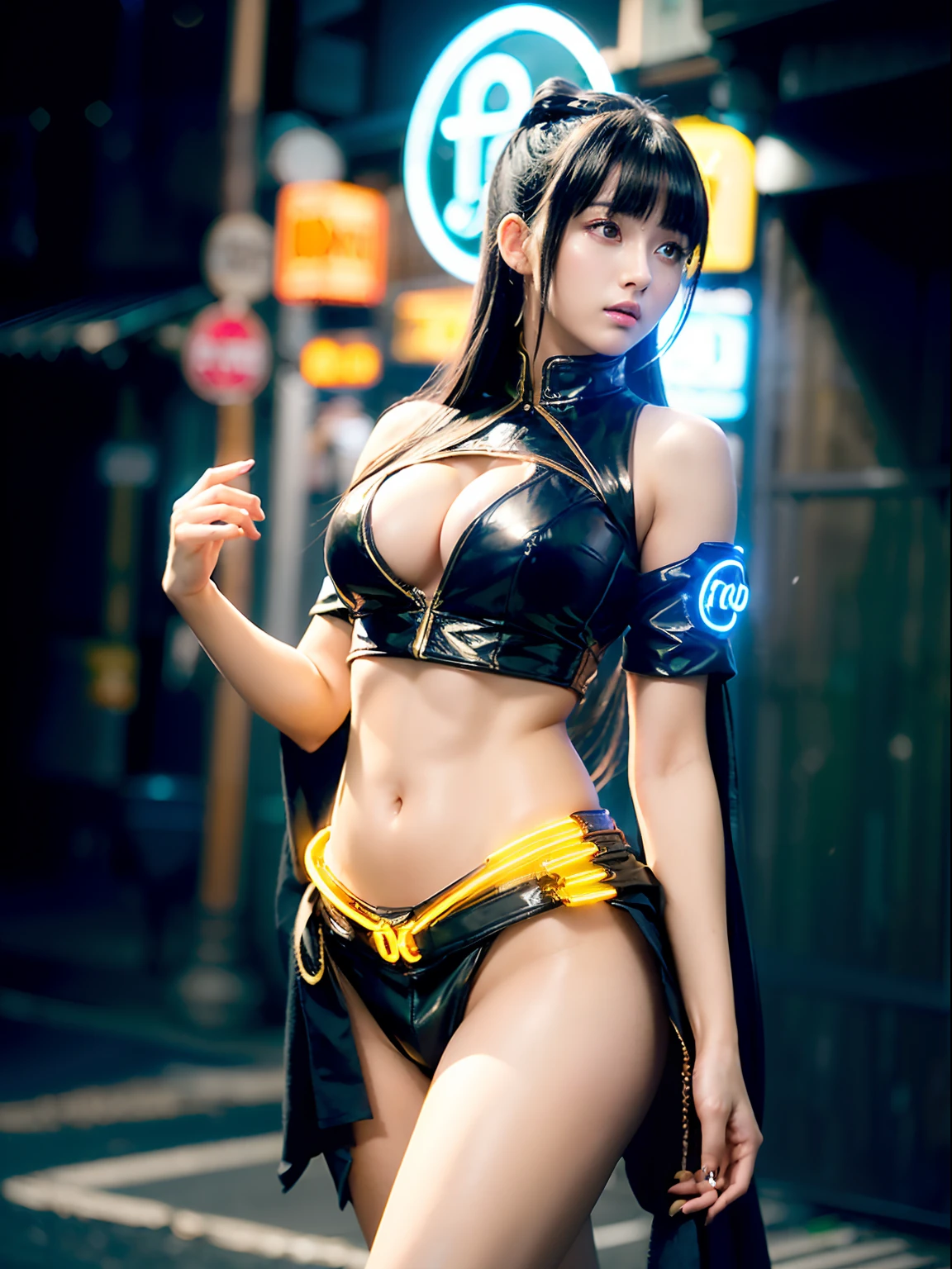 (Backlighting,Navel:1.1,Black hair),Beautiful woman in uniform in the bustling streets of Gintama, Surrounded by vendors, Beautiful portrait of a stunning goddess girl, beautifull detailed face, Porcelain Skin, Half body shot, Centered,((Moonlight,Night,Big neon,Strong neon lighting,Rim lighting,two tone lighting))),