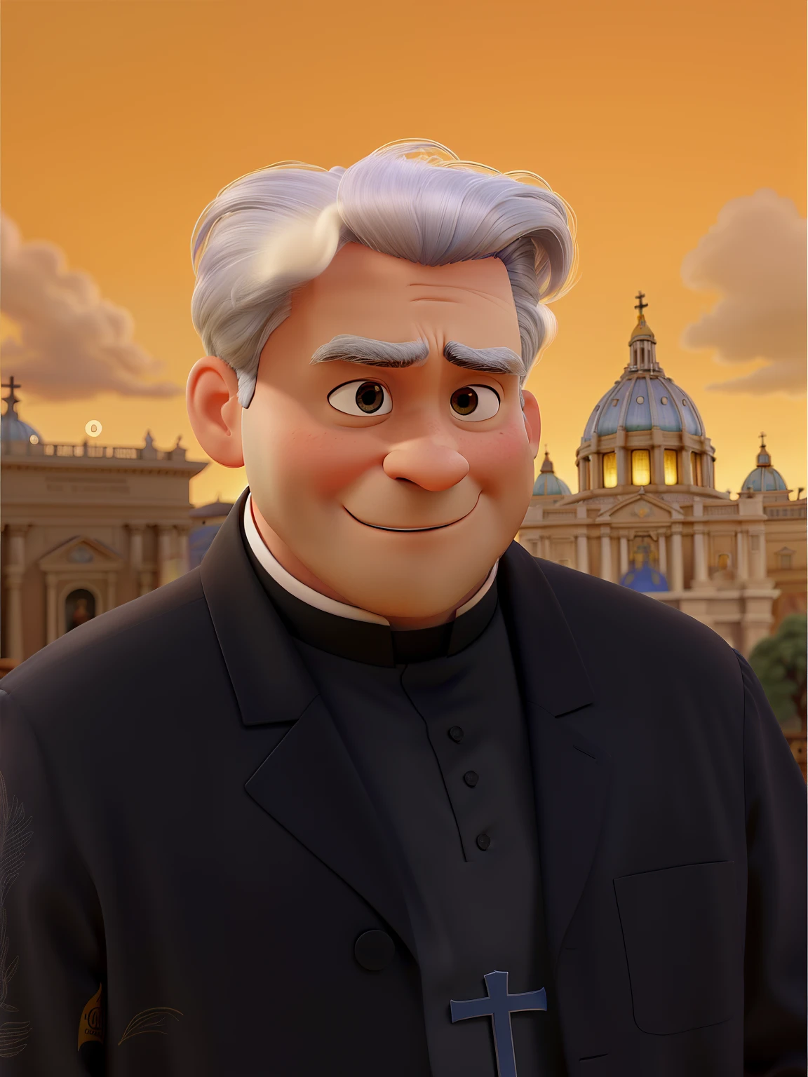 crie um personagem pixar. He's a priest, cabelos brancos, olhos castanhos. Utiliza uma batina preta. In the background is the Vatican