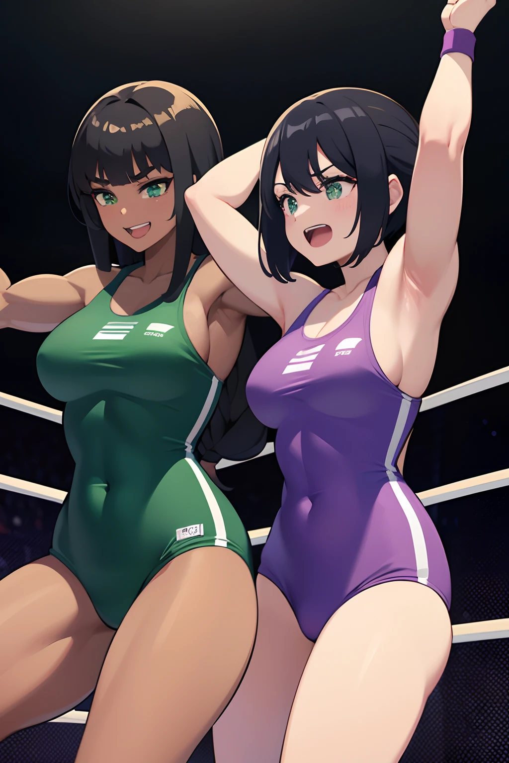2 muscular wrestler women, in the wrestling ring, fists in the air in celebration, teeth smile, black hair, purple and green wrestling sports wear, villain team