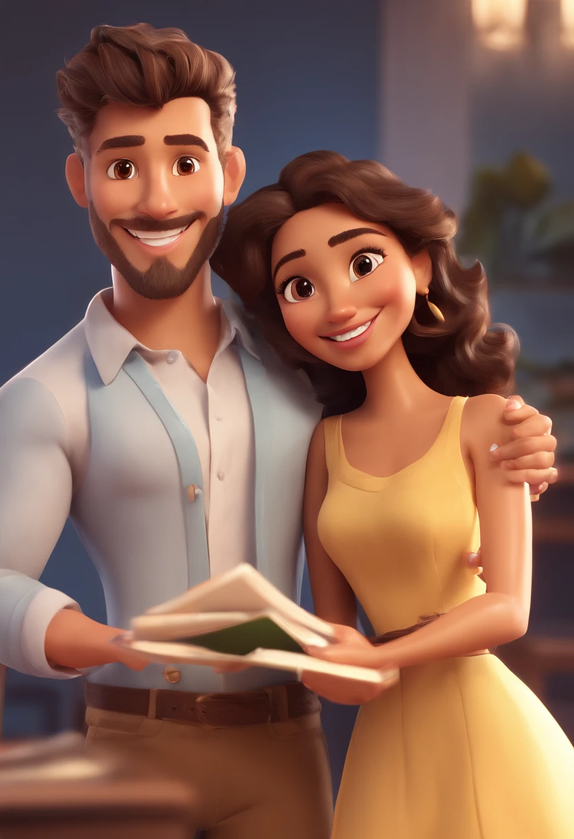 An illustration of an adorable couple, Spotlight on a smiling slim brunette man and a brown woman with beautiful expressive eyes - the man's skin is brown and the man's hair is low, while the woman's skin is brown and the woman's hair is curly and brown. They are a bright room, cada um com um sorriso no rosto, e compartilhar um momento especial caracterizado pelo amor, Insights. Illustrate this scene from a perspective where they are facing the camera, Smiling and Showing Your Connection. Desenvolva esta arte em Full HD, Focus on your cinematic touch, Estilo Disney Pixar Animations