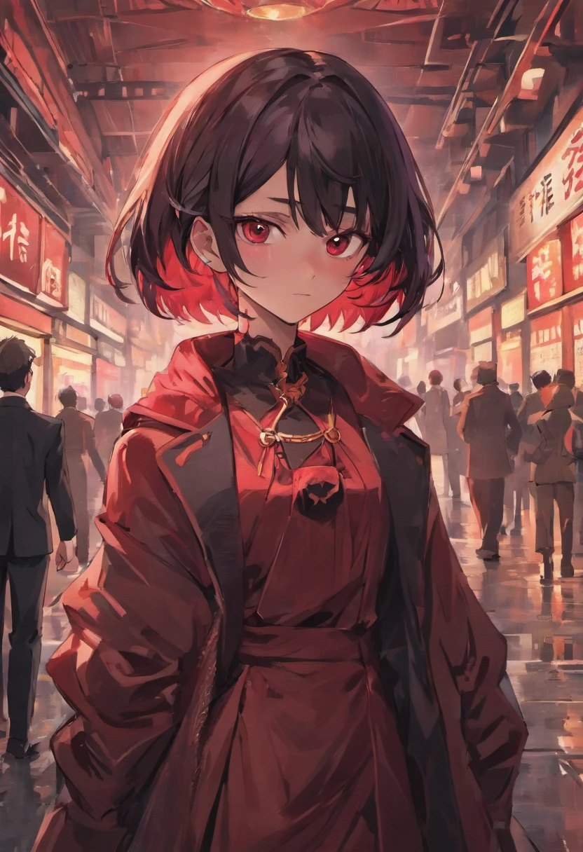 Create a highly detailed and visually captivating image of a sophisticated anime-style female character, aged around 20, with shiny dark hair and striking black eyes. She should be elegantly dressed in formal attire that exudes style and professionalism. The central focus of this artwork should be the anime's artistic style, emphasizing its unique characteristics and aesthetics. Place the character in an urban environment, with a background dominated by deep shades of red and black. This setting should exude a modern, metropolitan atmosphere. Make sure the character's pose and expression convey a sense of confidence and poise that complements their formal attire. Highlight the fine details of the character's facial features, capturing the essence of the anime style. The clothing should reflect the character's formality and sophistication, and the overall image should have a high level of realism and attention to detail, while retaining the essence of classic anime art. The urban background in shades of red and black should add to the overall visual impact and atmosphere of the artwork.