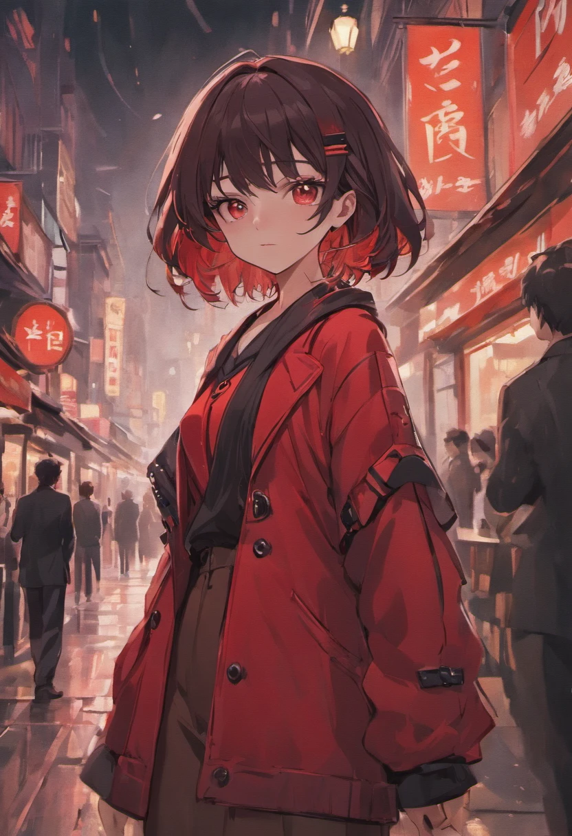 Create a highly detailed and visually captivating image of a sophisticated anime-style female character, aged around 20, with shiny dark hair and striking black eyes. She should be elegantly dressed in formal attire that exudes style and professionalism. The central focus of this artwork should be the anime's artistic style, emphasizing its unique characteristics and aesthetics. Place the character in an urban environment, with a background dominated by deep shades of red and black. This setting should exude a modern, metropolitan atmosphere. Make sure the character's pose and expression convey a sense of confidence and poise that complements their formal attire. Highlight the fine details of the character's facial features, capturing the essence of the anime style. The clothing should reflect the character's formality and sophistication, and the overall image should have a high level of realism and attention to detail, while retaining the essence of classic anime art. The urban background in shades of red and black should add to the overall visual impact and atmosphere of the artwork.