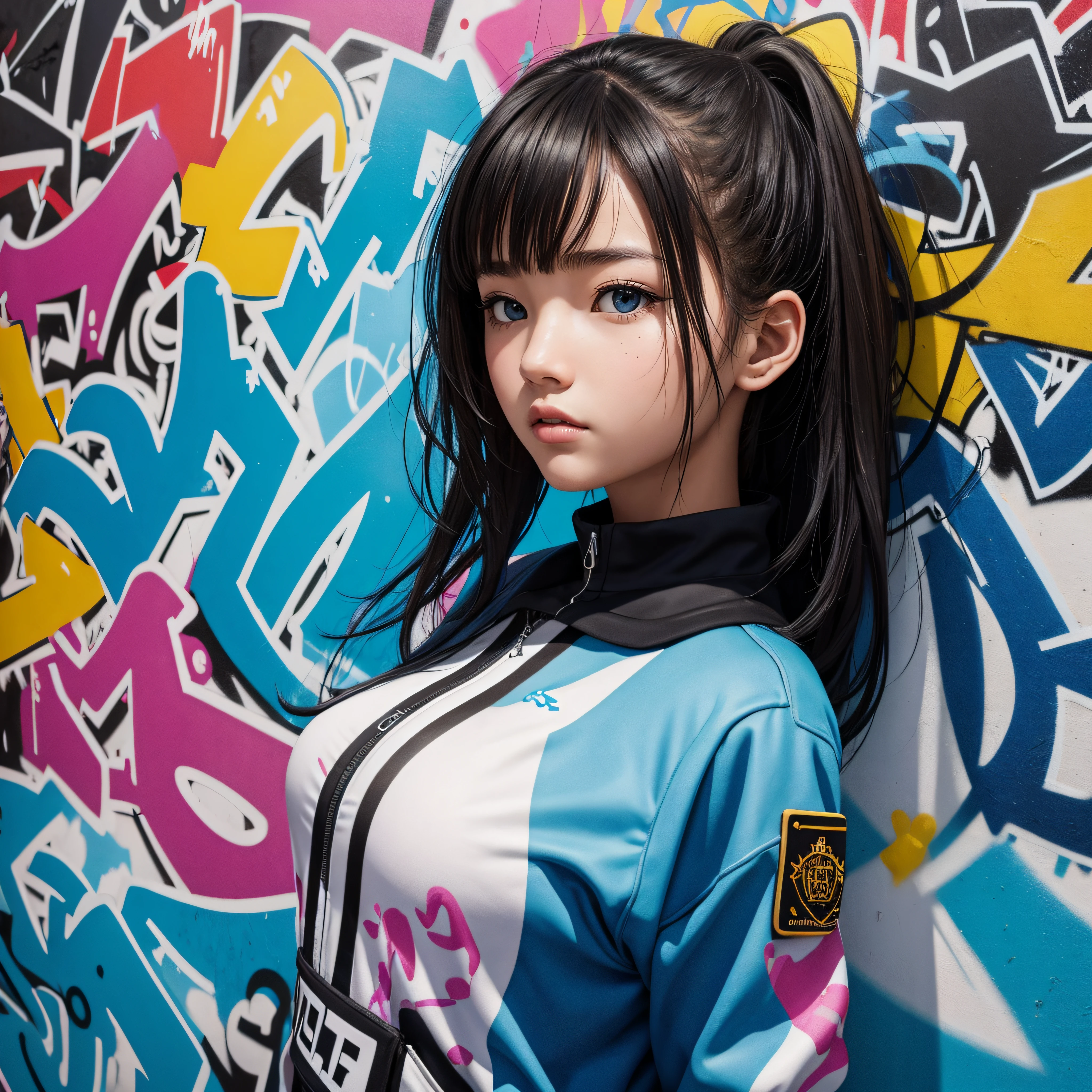 (Best Quality), masutepiece, High definition CG uniform 8k illustration, High collar, Very high saturation, All colors deepened, paint, graffiti art, Center Composition, Extremely detailed light and shadow, graffiti wall, The walls are painted brightly, One Girl's Doodle One Girl Looking at the Wall, very detailed face and eyes, Medium length hair, Sportswear, colored clouds 、huge udder --auto