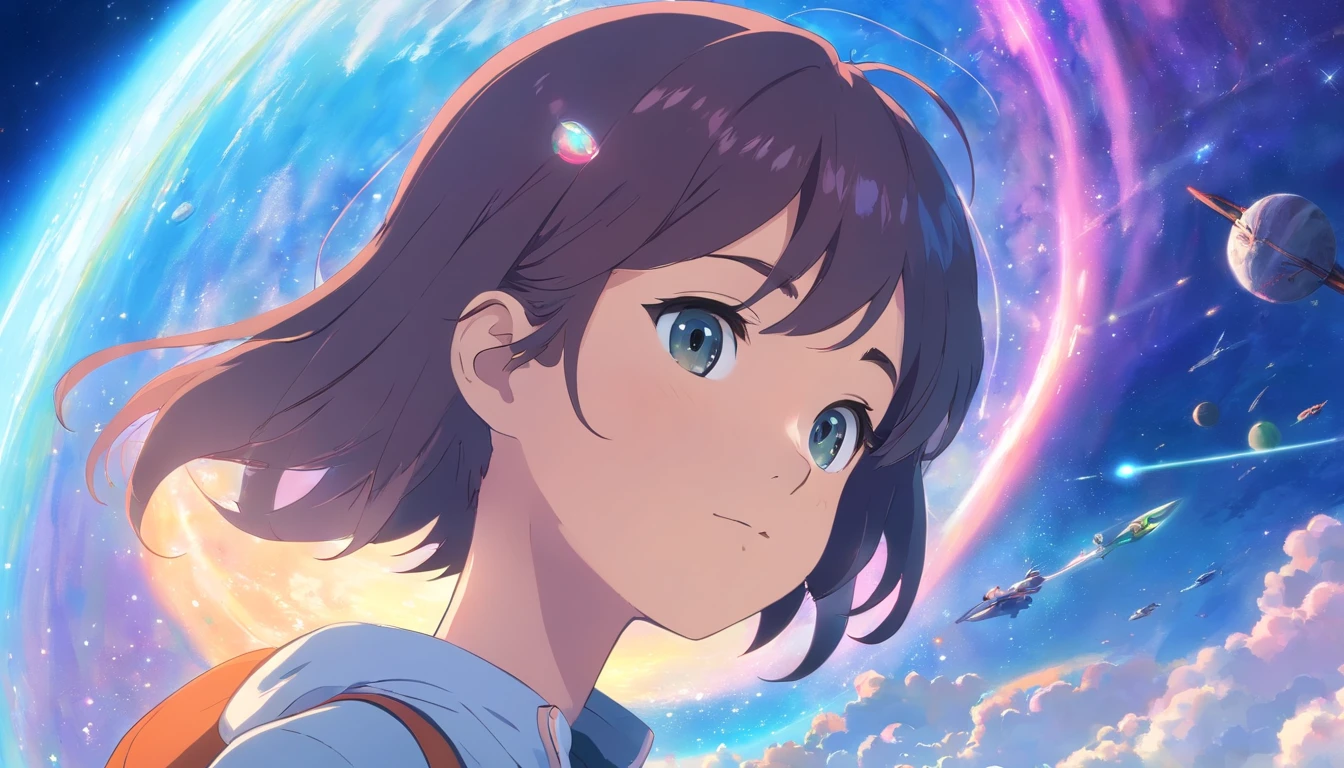 Anime Girl in space with text stop overthiking, dreamy psychedelic anime, esmagador, Elogio Artstyle, aesthetic award winning anime, Arte no estilo de Guweiz, arte em alta de anime, Transbordando, portrait anime space cadet girl, anime asthetic, anime inspiration, Arrogante, pixiv trending, anime aesthetic, ( ( Makoto Shinkai ) )