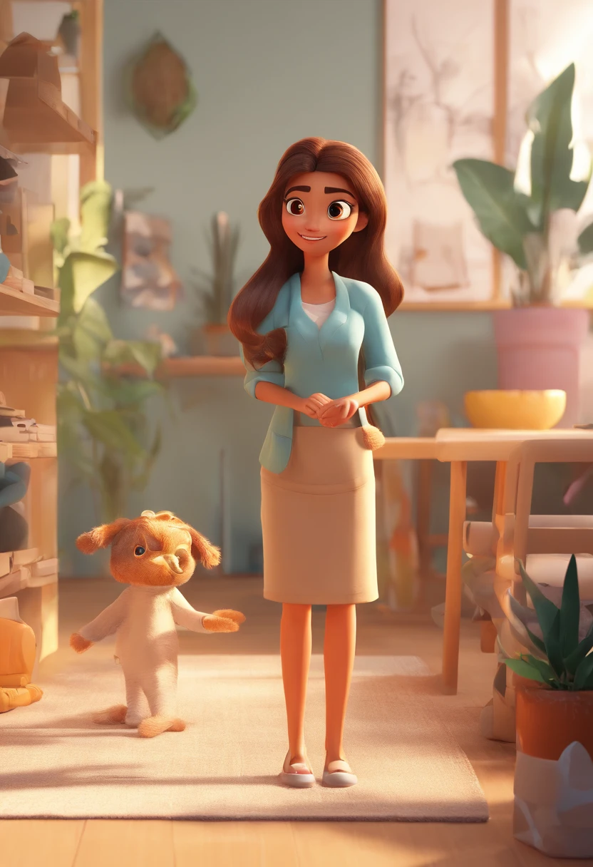 An illustration of an adorable father and his daughter, destacando um homem e uma mulher com bonito, Expressive eyes – the man's skin is white and the man's hair is light brown, while the woman's skin is brown and the woman's hair is dark brown. They are a bright room, cada um com um sorriso no rosto, e compartilhar um momento especial caracterizado pelo amor, arroz, e insights educacionais. Illustrate this scene from a perspective where they are facing away from the camera, Showing Your Connection. Desenvolva esta arte em Full HD, Focus on your cinematic touch, Estilo Disney Pixar Animations