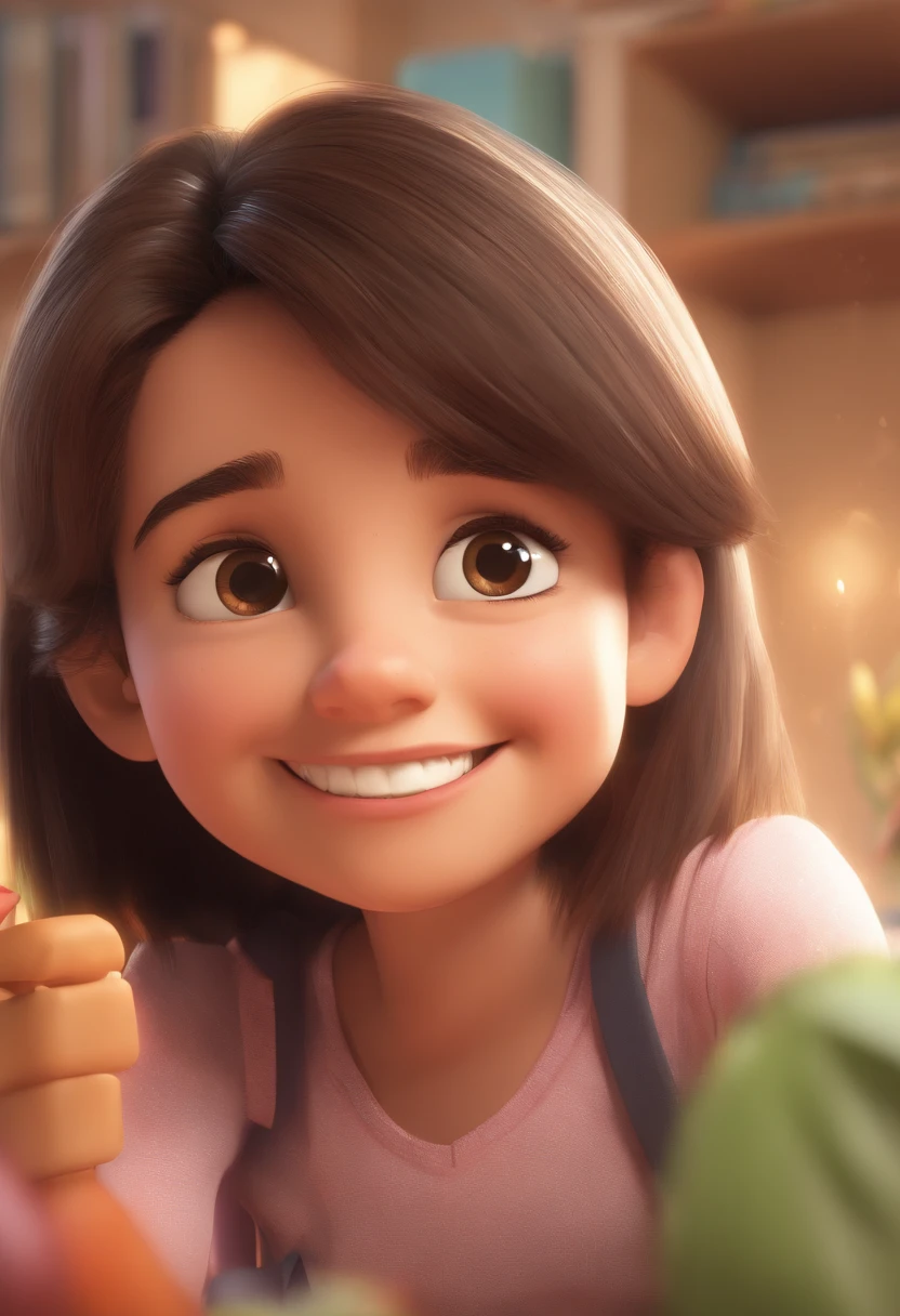 An illustration of an adorable father and his daughter, destacando um homem e uma mulher com bonito, Expressive eyes – the man's skin is white and the man's hair is light brown, while the woman's skin is brown and the woman's hair is dark brown. They are a bright room, cada um com um sorriso no rosto, e compartilhar um momento especial caracterizado pelo amor, arroz, e insights educacionais. Illustrate this scene from a perspective where they are facing away from the camera, Showing Your Connection. Desenvolva esta arte em Full HD, Focus on your cinematic touch, Estilo Disney Pixar Animations