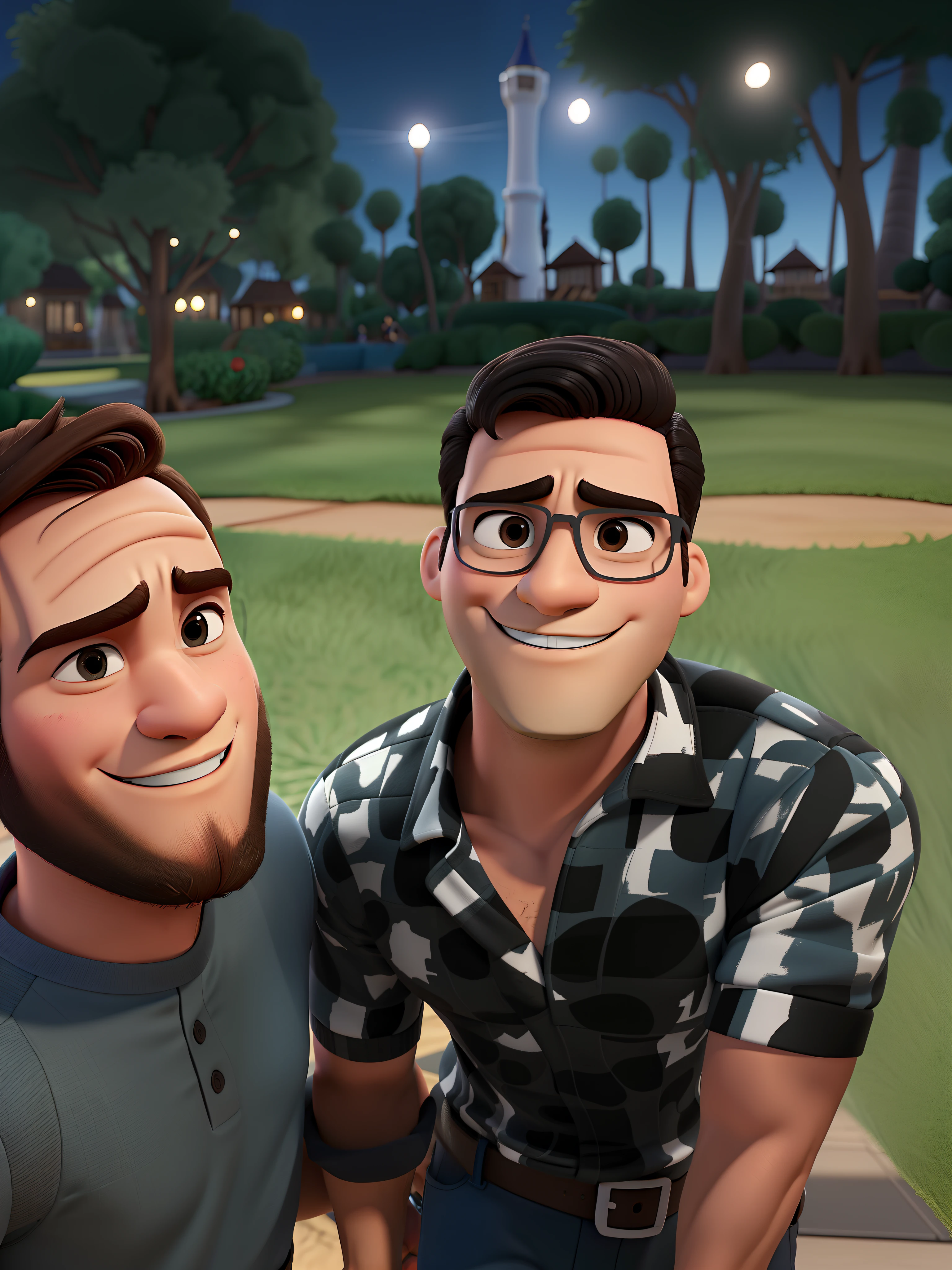 Casal gay (homem branco e homem preto) no estilo Disney Pixar, alta qualidade, melhor qualidade.