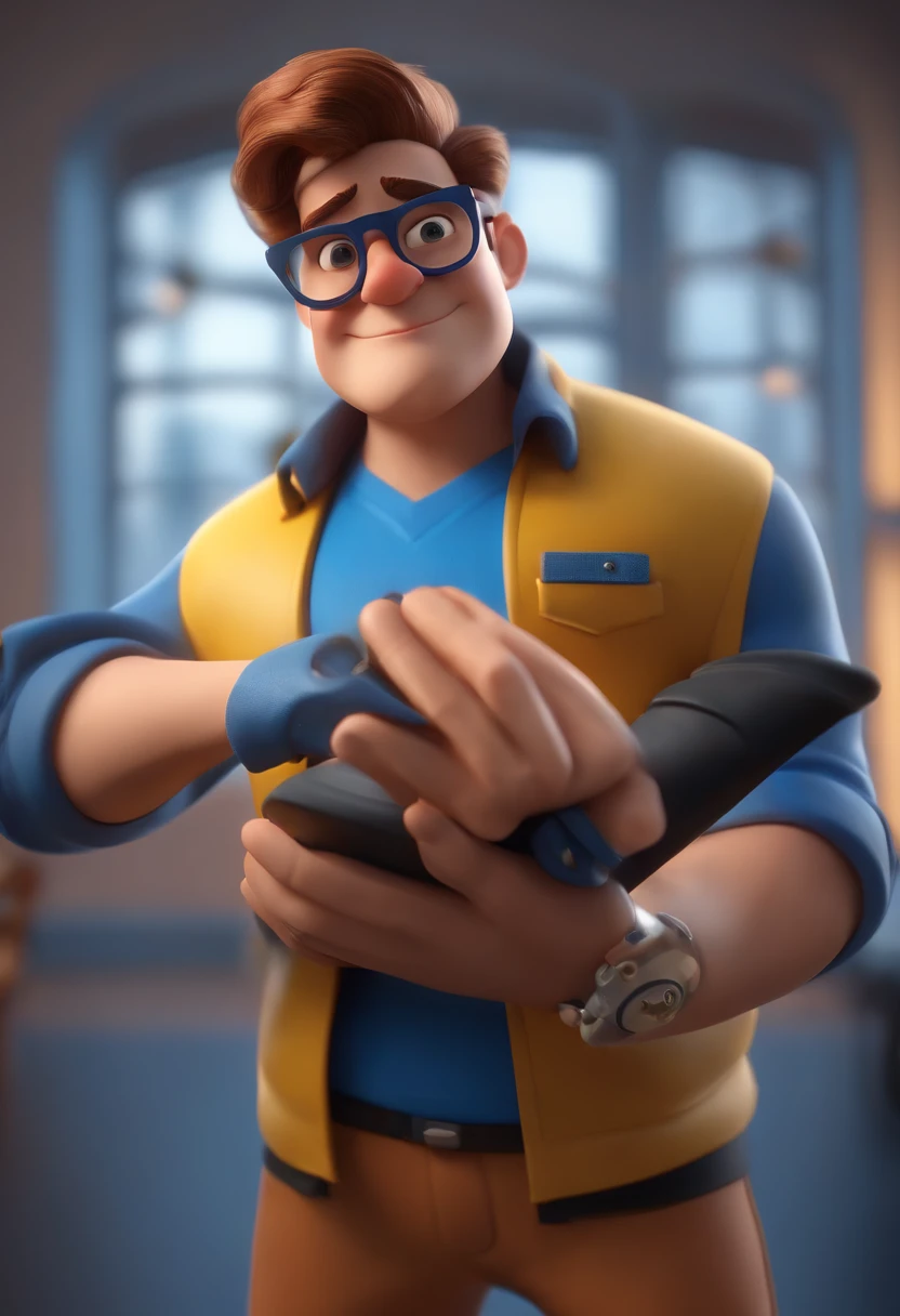 Cartoon character of a man wearing black glasses and a blue shirt, um personagem animado, Caractere estilizado, animation style rendering, 3D estilizado, Arnold Maya render, 3 d render stylized, toon render keyshot, Personagem 3D, Personagem 3D, 3d rendering stylized, 3 d character render, personagem de desenho animado, Personagem de close up, Pose de personagem, (Estilo Pixar) (master part:1.2) (Bokeh) (best quality) (pele detalhada) (textura detalhada) (8k) (argila) (Cinematic lighting) (foco nítido,Senta e vaza a parte superior do corpo