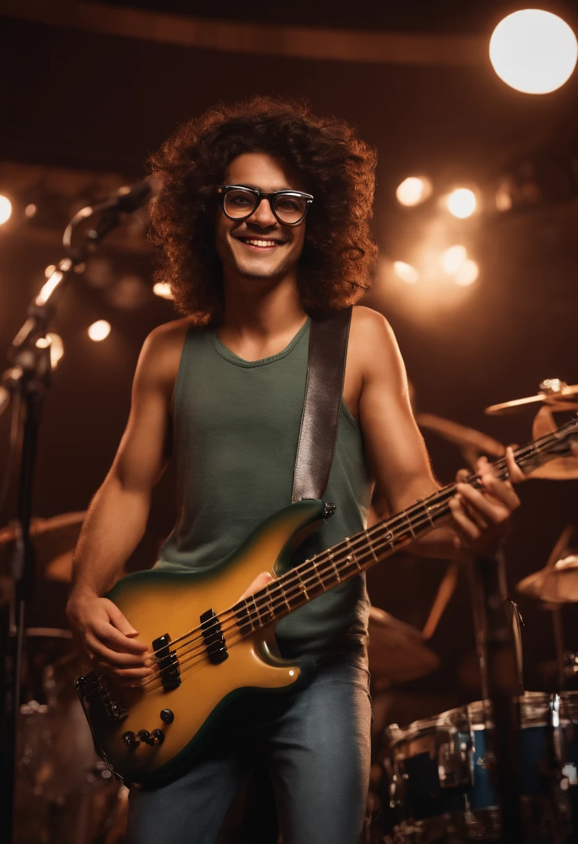 Um homem brasileiro moreno um pouco acima do peso com cabelo raspado, Brown eyes and square glasses playing electric bass in a band, with a stage in the background inspired by Pixar animation. The captivating facial expression with a touch of unreality.