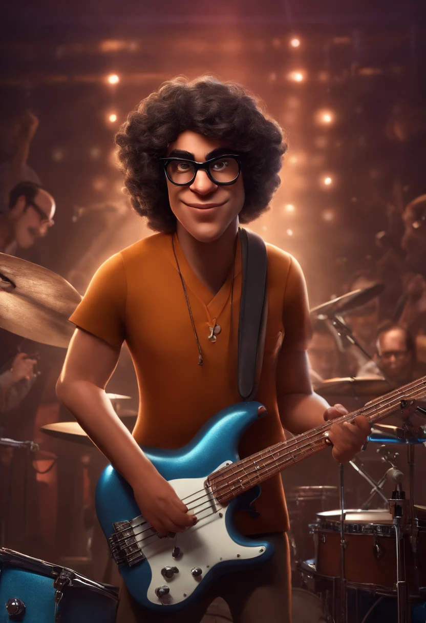 Um homem brasileiro moreno um pouco acima do peso com cabelo raspado, Brown eyes and square glasses playing electric bass in a band, with a stage in the background inspired by Pixar animation. The captivating facial expression with a touch of unreality.
