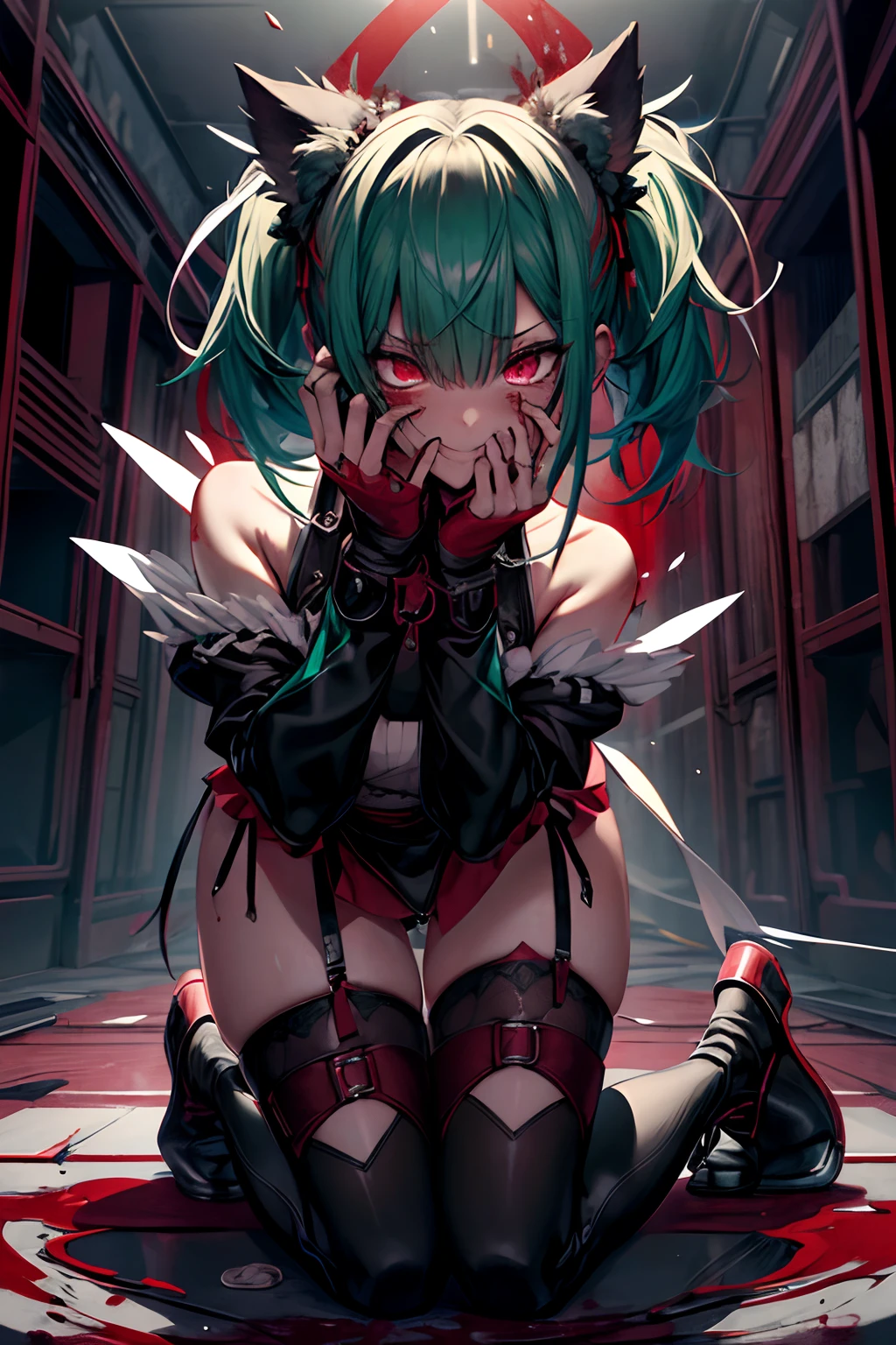 、Dynamic、Acrobatic、full body Esbian、crosses、Goth Punk、Longhaire、Twin-tailed、dishevled hair、long、Blunt bangs、Ahegao ( Silly / Sexual ecstasy)、dead body、Blood everywhere、blood splashing、dark hue、Red hue、maid、Green hair、