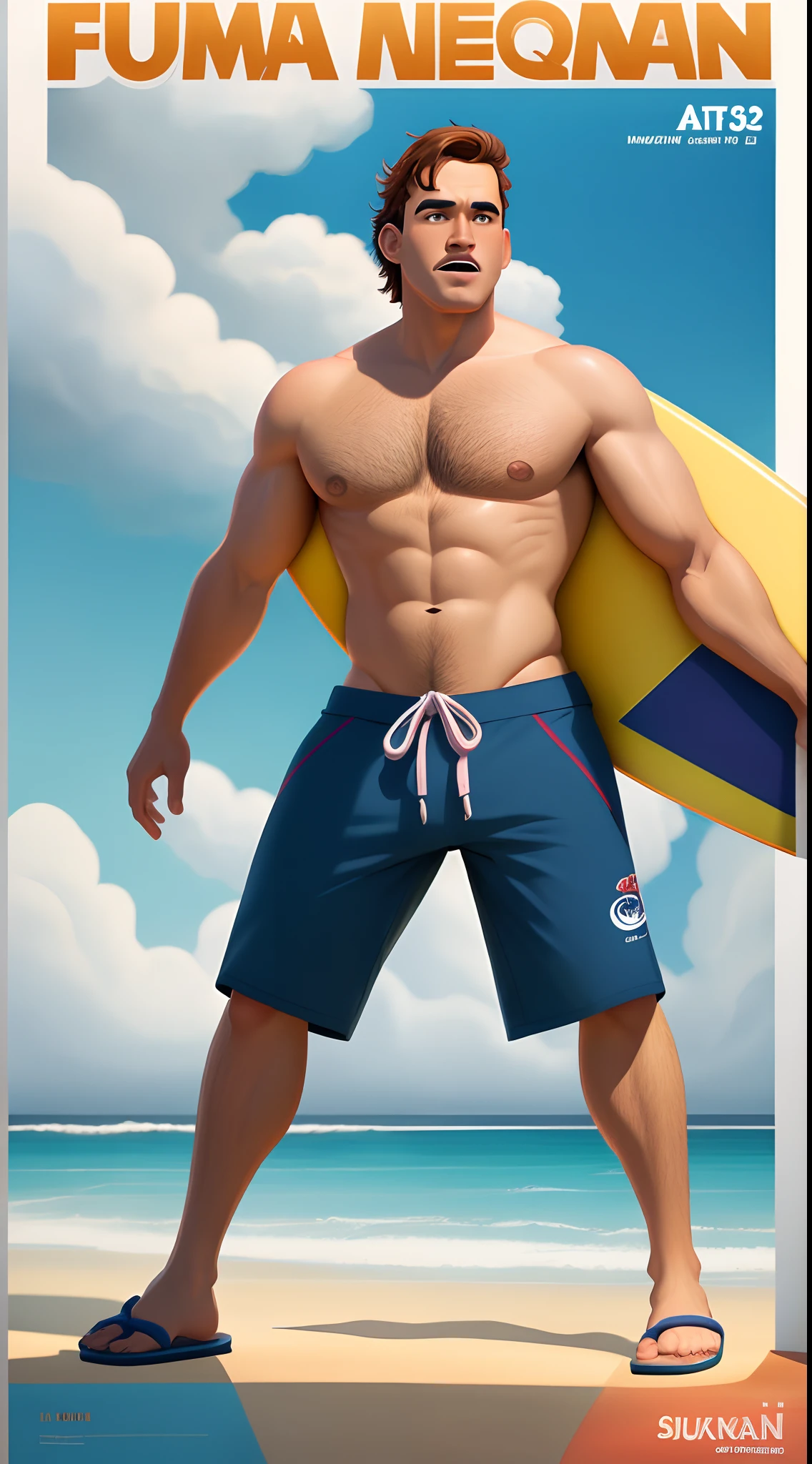 Poster no estilo Disney pixar, alta qualidade, melhor qualidade, homem havaiano, 30 anos cabelo curto, musculoso, com fundo na praia em final de tarde e surf