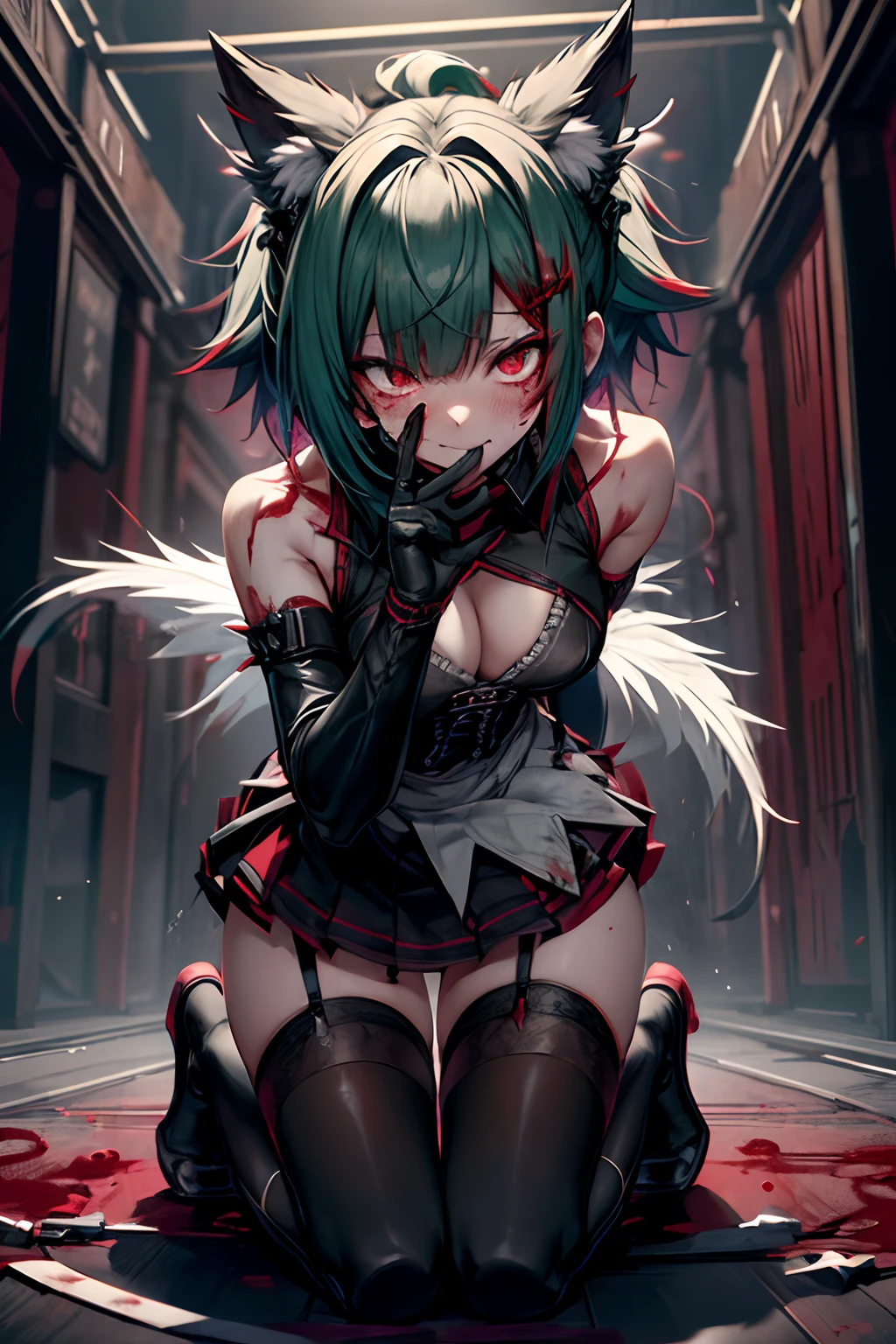 、Dynamic、Acrobatic、full body Esbian、crosses、Goth Punk、Longhaire、Twin-tailed、dishevled hair、long、Blunt bangs、Ahegao ( Silly / Sexual ecstasy)、dead body、Blood everywhere、blood splashing、dark hue、Red hue、maid、Green hair、