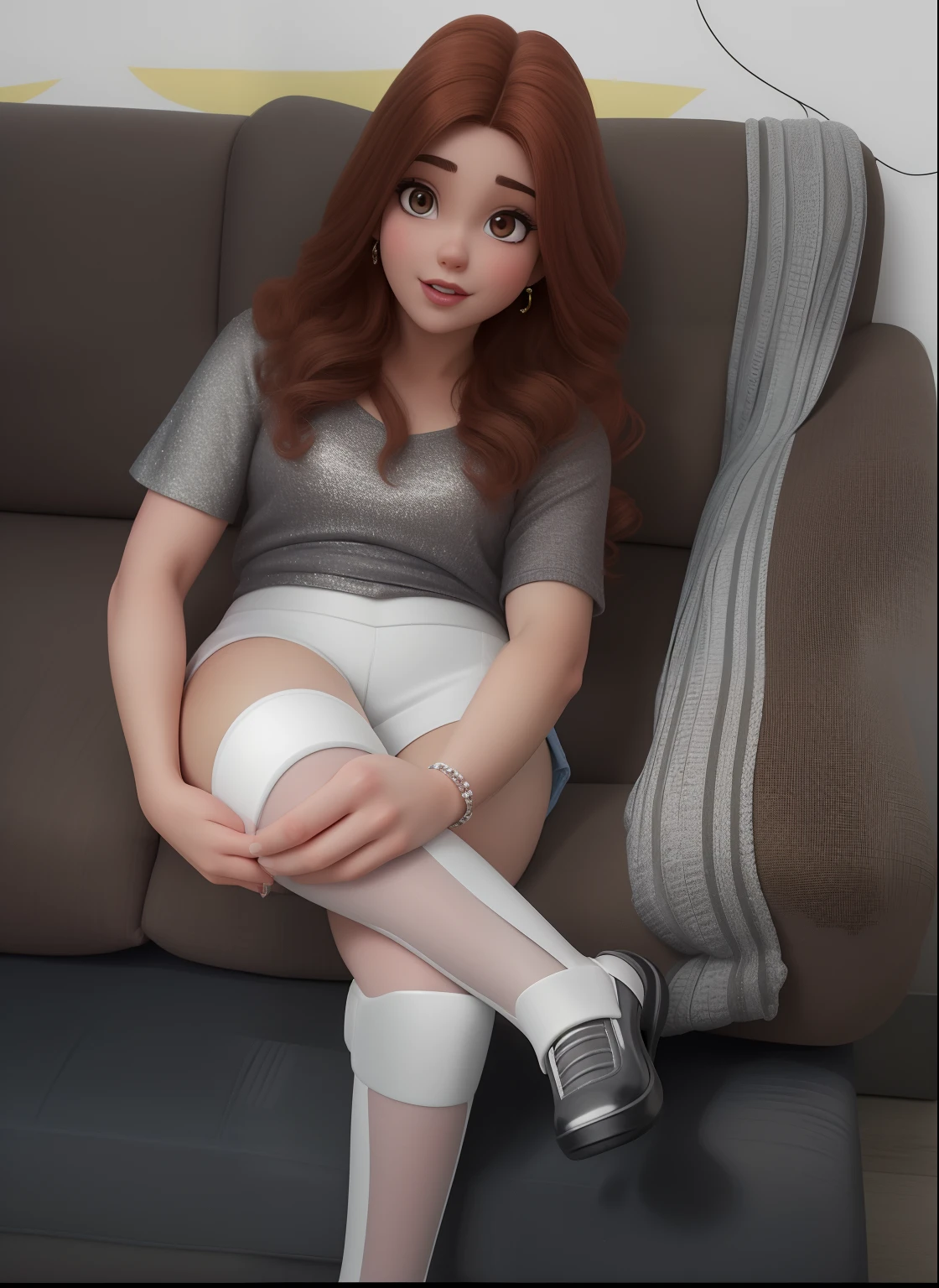 Crie um Poster Estilo Disney Pixar, alta qualidade 
 Com Uma mulher de 21 anos,branca, magra, mid hair, com babyliss e ruivo, olhos castanhos, boca um pouquinho aberta, usando brincos, batom vermelho,sitting not sofa, de pernas cruzadas, with your hands on your legs,unhas Pintadas de vermelho, Looking at your phone's camera, blusa de manga curta cinza com brilho, aparecendo a barriga, shortinho curto branco, wearing a leg brace 
Background, sofa and a little bit of the wall