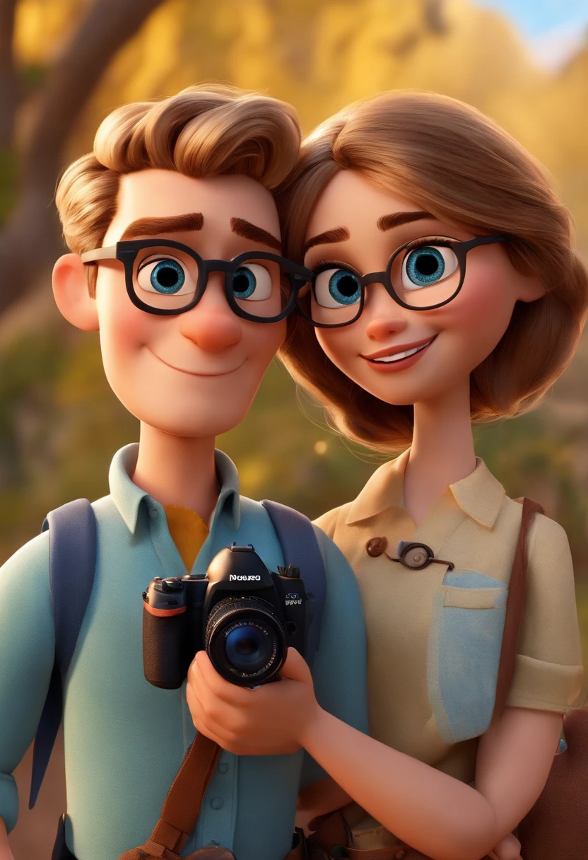 Disney pixar casal: um jovem, O homem tem cabelos e olhos castanhos, holding a camera. The woman has blonde hair tied in a braid and blue eyes wearing delicate glasses. roupas camufladas. Animais e floresta ao fundo