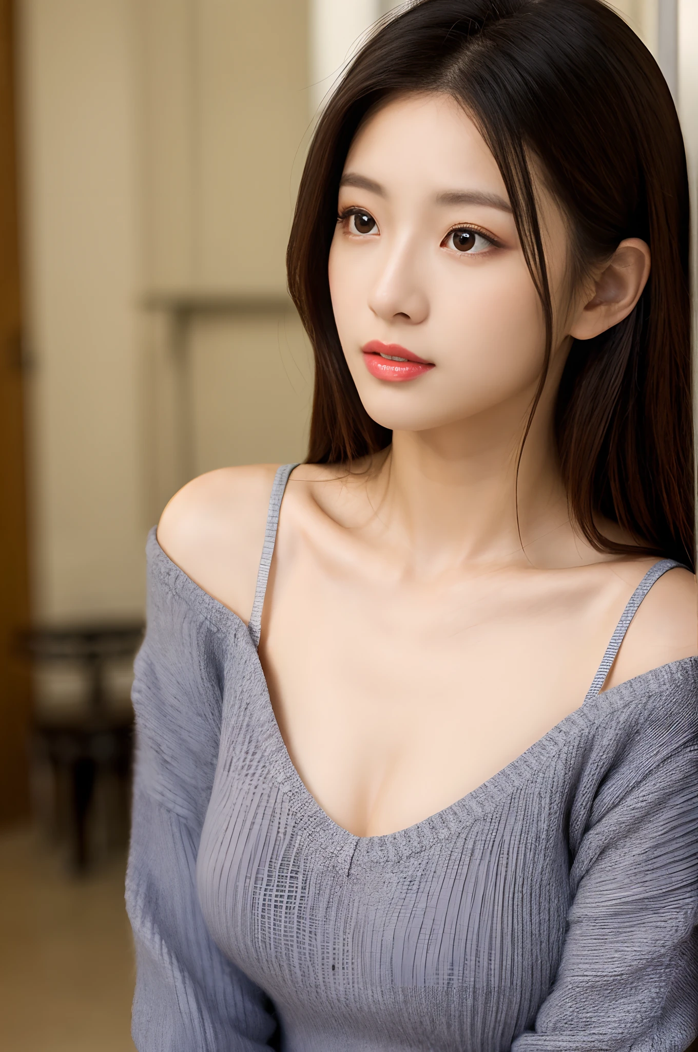 Gentle and beautiful woman、half body photo、Delicate and sexy collarbone、charming oval face、二重まぶた、Smart peach blossom eyes、Pink lips、a small nose、bare shoulders、Face in Focus、up of face、The ultra -The high-definition、Super Details、Elegant standing position、Grey Blue High Value Cross Beautiful、Ladies Steel Ring、smallunderboob、small tits、Long sleeve T-shirt with V-neck