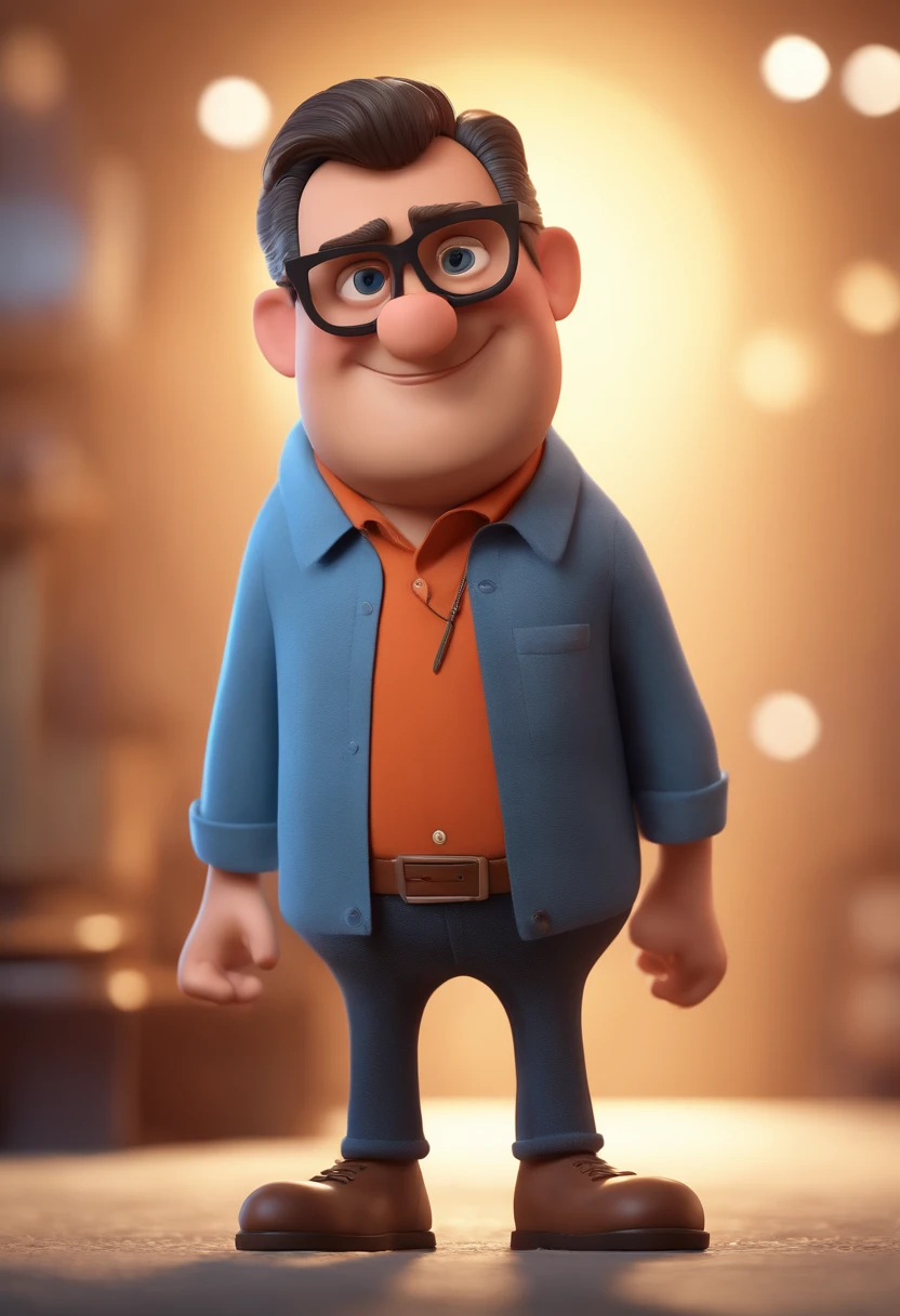 Cartoon character of a man with black glasses and a blue shirt, animation character, Caractere estilizado, animation style rendering, 3D estilizado, Arnold Maya render, 3 d render stylized, toon render keyshot, Personagem 3D, Personagem 3D, 3d rendering stylized, 3 d character render, personagem de desenho animado, Personagem de close up, Pose de personagem, (Estilo Pixar) (master part:1.2) (Bokeh) (best quality) (pele detalhada) (textura detalhada) (8k) (argila) (Cinematic lighting) (foco nítido