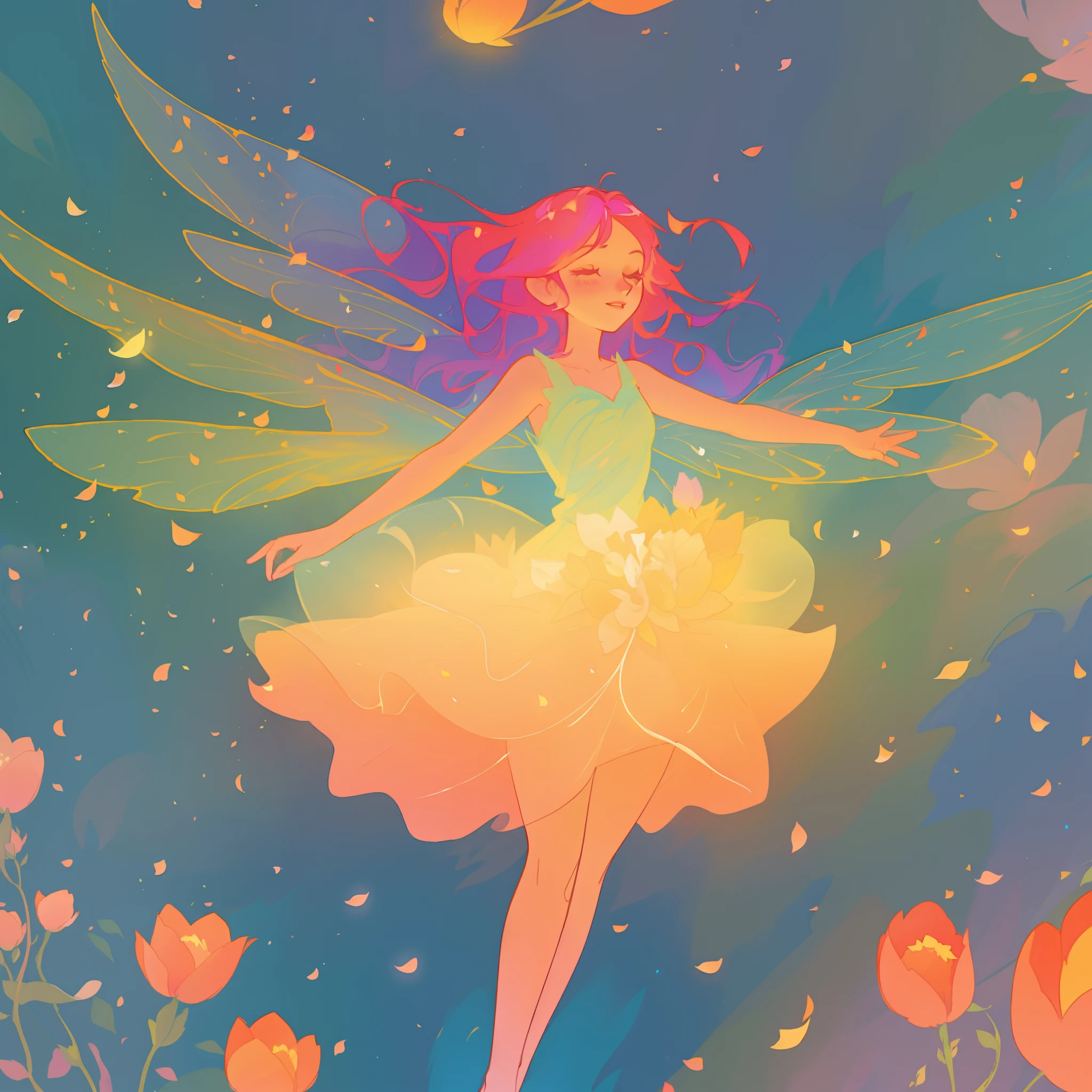 beautiful girl in tiered gradient ballgown dress, gradient warm color ballgown, ((layered flower petal skirt)), fairy dress, fairy queen, magical forest background, (glowing fairy wings), glowing flowing ballgown, long wavy hair, sparkling fairy wings, watercolor illustration, flowers and colorful plants, inspired by Glen Keane, inspired by Lois van Baarle, disney art style, by Lois van Baarle, glowing aura around her, by Glen Keane, jen bartel, glowing lights! digital painting, flowing glowing hair, glowing flowing hair, beautiful digital illustration, fantasia otherworldly landscape plants flowers, beautiful, masterpiece, best quality, anime disney style
