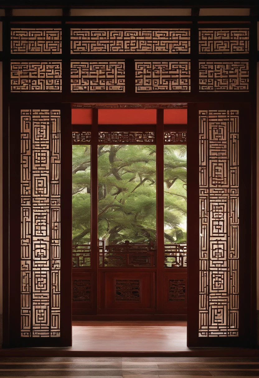 Uma pintura representando uma pessoa andando, with very detailed classical Chinese doors and floor plans, um fundo misterioso, layered sky, vermelho e preto, luz de fundo, estilo tradicional da paisagem chinesa, New tradition, Estilo oriental, Tiago Turrell, plants are the story of Nagai, O estilo de Fan Kuan, realidade sinistra, and cunning. i can't believe how beautiful this is. symmetrical composition, Grande Escala, strong use of negative space, virado para cima, single-point perspective, Detalhes ultra realistas, 8k, high-definition