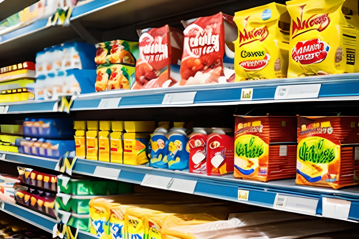 On the shelves of shopping centers、A variety of processed foods are on display