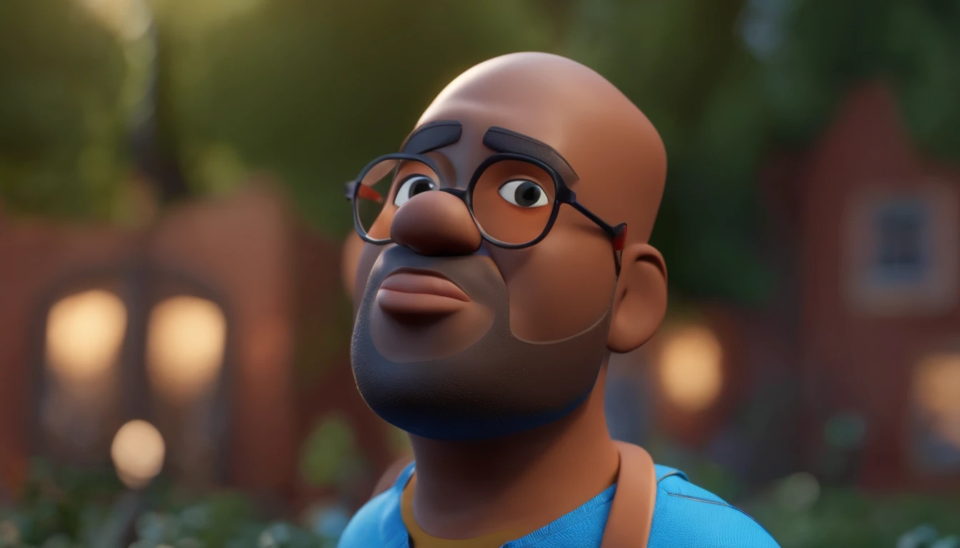 Cartoon character of a bald black man with black glasses and a blue shirt, animation character, Caractere estilizado, animation style rendering, 3D estilizado, Arnold Maya render, 3 d render stylized, toon render keyshot, Personagem 3D, Personagem 3D, 3d rendering stylized, 3 d character render, personagem de desenho animado, Personagem de close up, Pose de personagem, (Estilo Pixar) (master part:1.2) (Bokeh) (best quality) (pele detalhada) (textura detalhada) (8k) (argila) (Cinematic lighting) (foco nítido