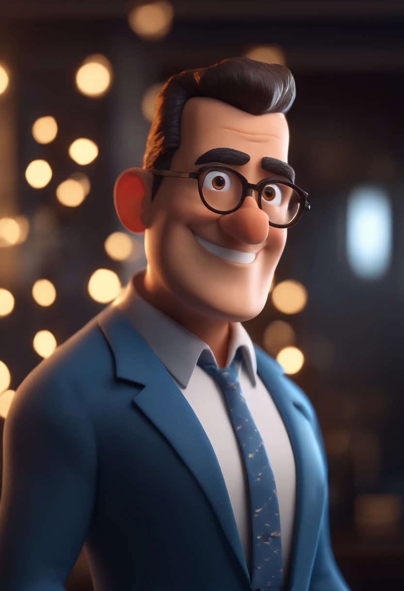 Cartoon character of a man with black glasses and a blue shirt, animation character, Caractere estilizado, animation style rendering, 3D estilizado, Arnold Maya render, 3 d render stylized, toon render keyshot, Personagem 3D, Personagem 3D, 3d rendering stylized, 3 d character render, personagem de desenho animado, Personagem de close up, Pose de personagem,  (Estilo Pixar) (master part:1.2) (Bokeh) (best quality) (pele detalhada) (textura detalhada) (8k) (argila) (Cinematic lighting) (foco nítido